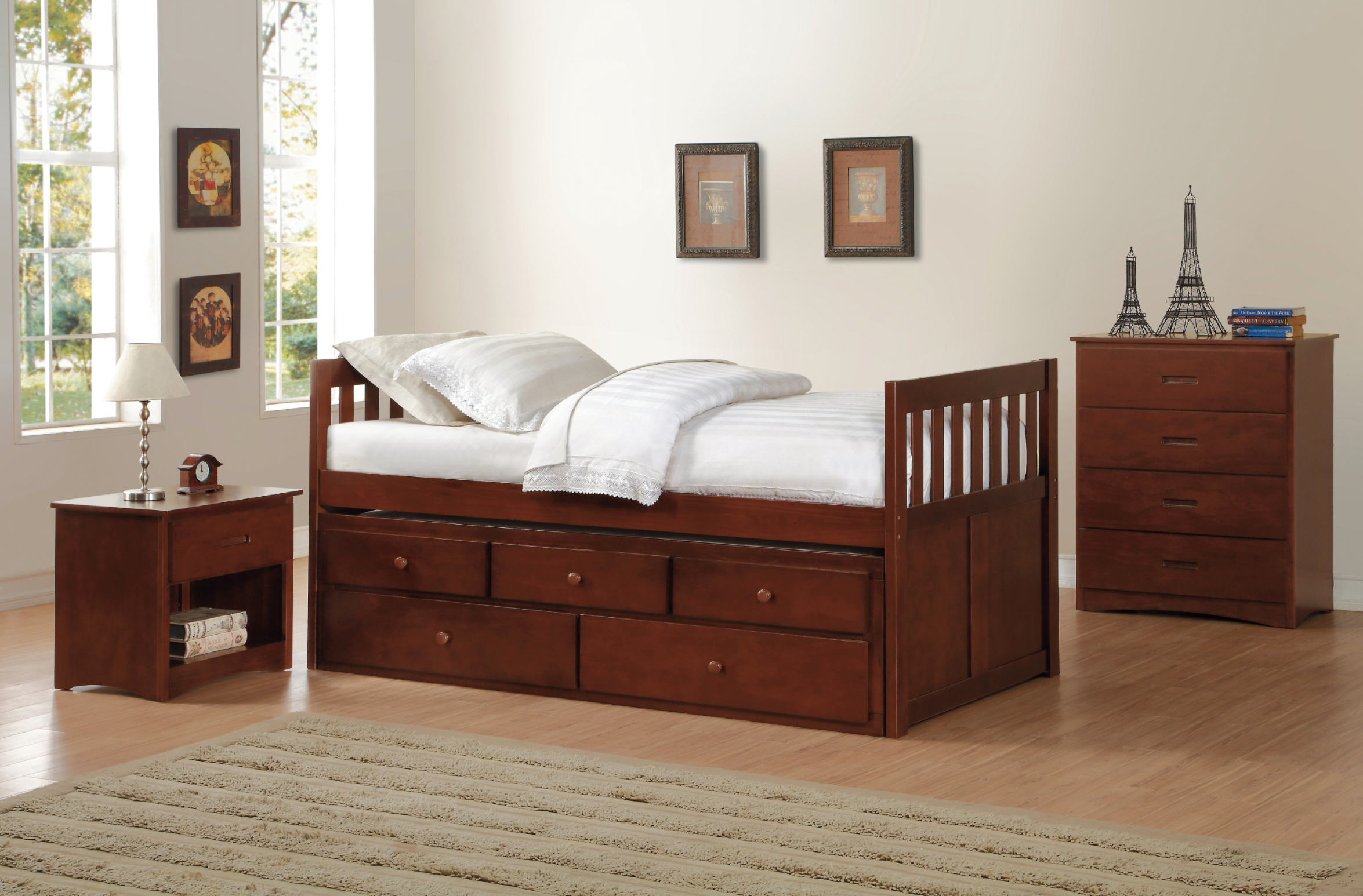 Rowe Dark Cherry Twin Captains Trundle Bed - SET | B2013PRDC-1 | B2013PRDC-2 - Bien Home Furniture & Electronics