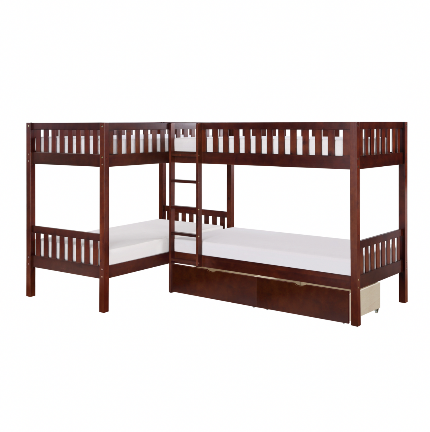 Rowe Dark Cherry Twin Corner Bunk Bed with Storage Boxes - SET | B2013CNDC-1 | B2013CNDC-2 | B2013CNDC-SL | B2013DC-T - Bien Home Furniture & Electronics