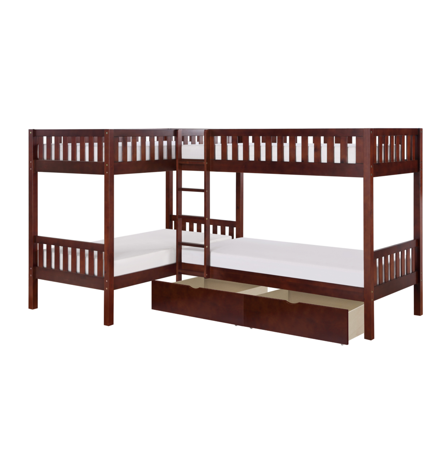 Rowe Dark Cherry Twin Corner Bunk Bed with Storage Boxes - SET | B2013CNDC-1 | B2013CNDC-2 | B2013CNDC-SL | B2013DC-T - Bien Home Furniture & Electronics