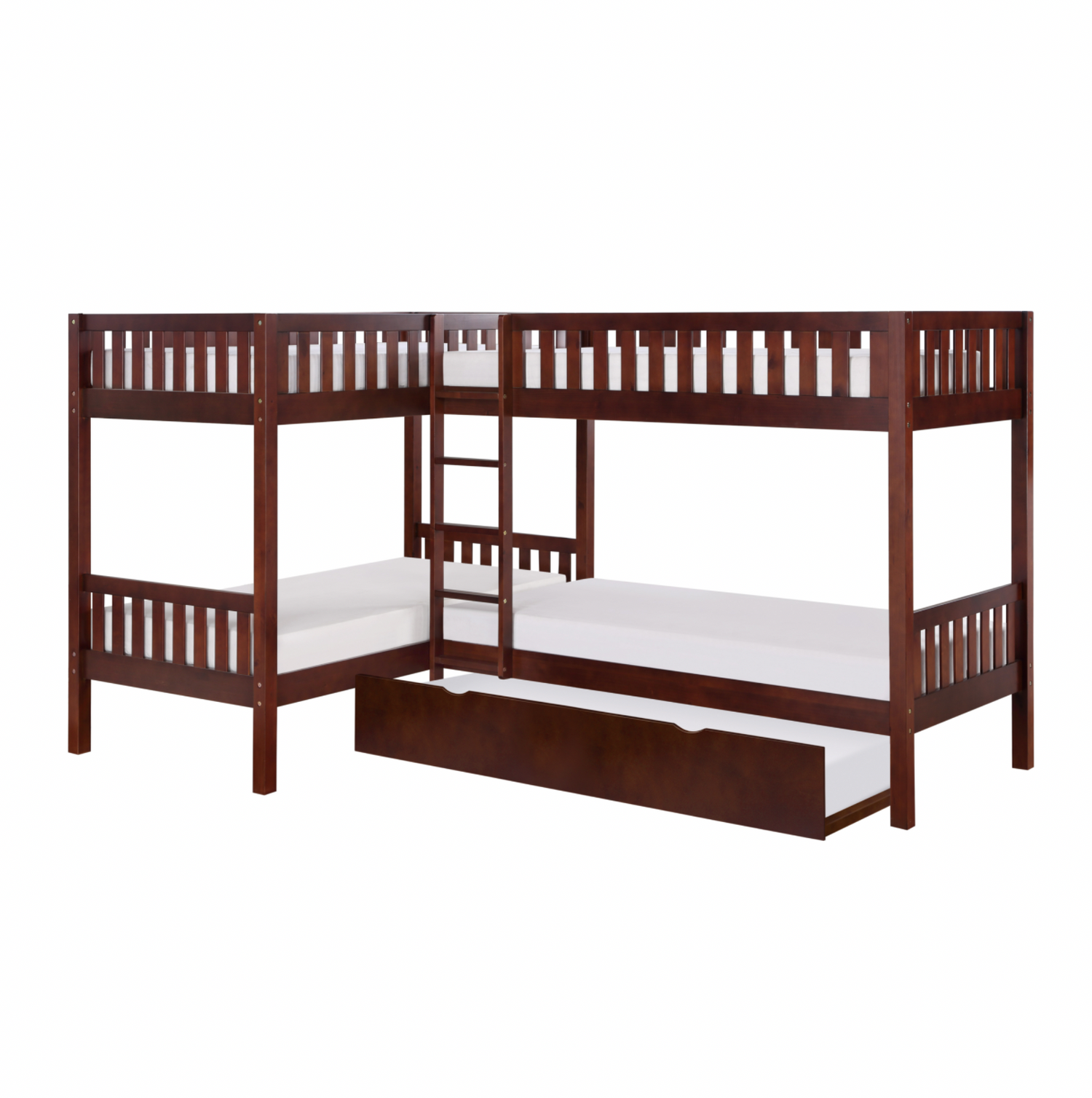 Rowe Dark Cherry Twin Corner Bunk Bed with Twin Trundle - SET | B2013CNDC-1 | B2013CNDC-2 | B2013CNDC-SL | B2013DC-R - Bien Home Furniture & Electronics