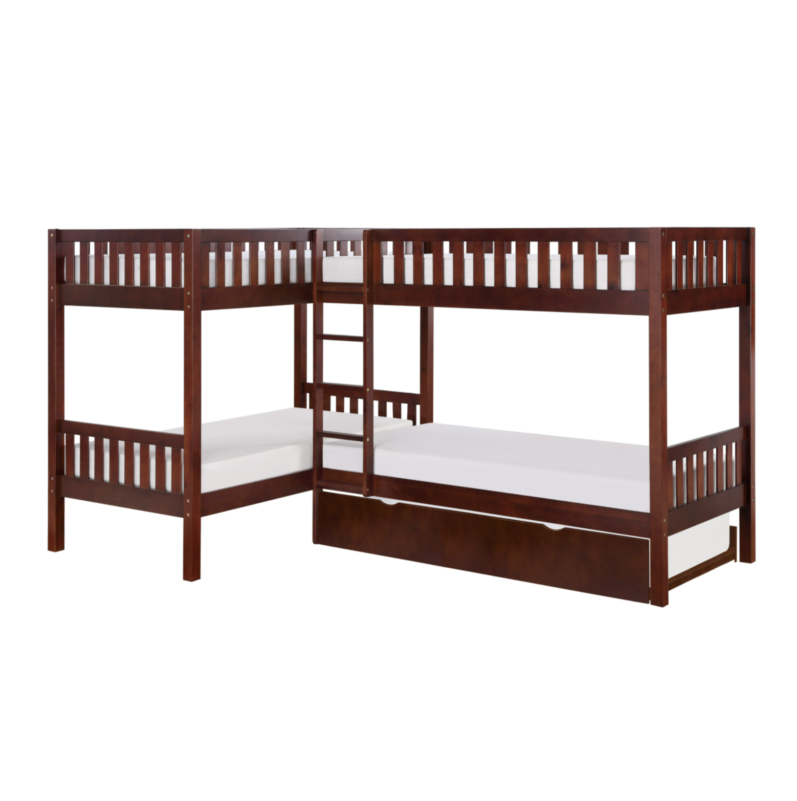Rowe Dark Cherry Twin Corner Bunk Bed with Twin Trundle - SET | B2013CNDC-1 | B2013CNDC-2 | B2013CNDC-SL | B2013DC-R - Bien Home Furniture & Electronics
