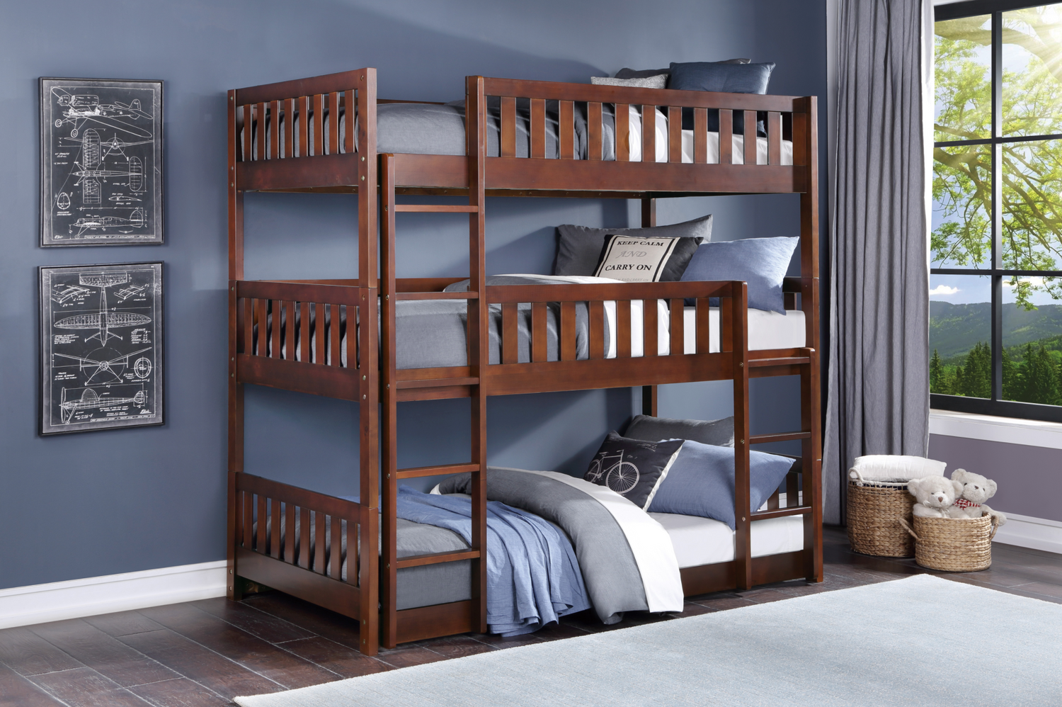 Rowe Dark Cherry Twin Triple Bunk Bed - SET | B2013TTTDC-1 | B2013TTTDC-2 | B2013TTTDC-SL - Bien Home Furniture & Electronics