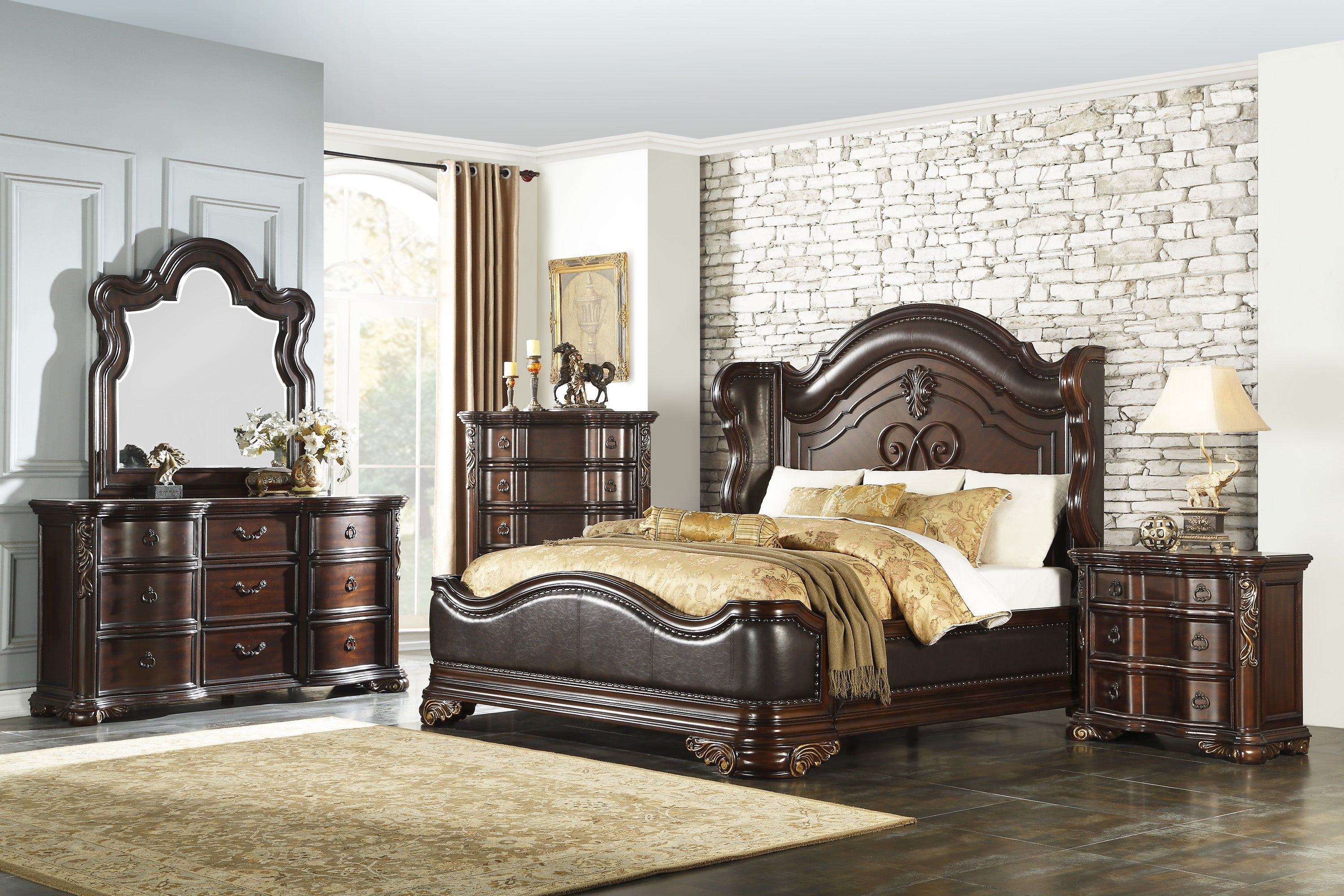 Royal Highlands Rich Cherry Queen Upholstered Panel Bed - SET | 1603-1 | 1603-2 | 1603-P - Bien Home Furniture & Electronics