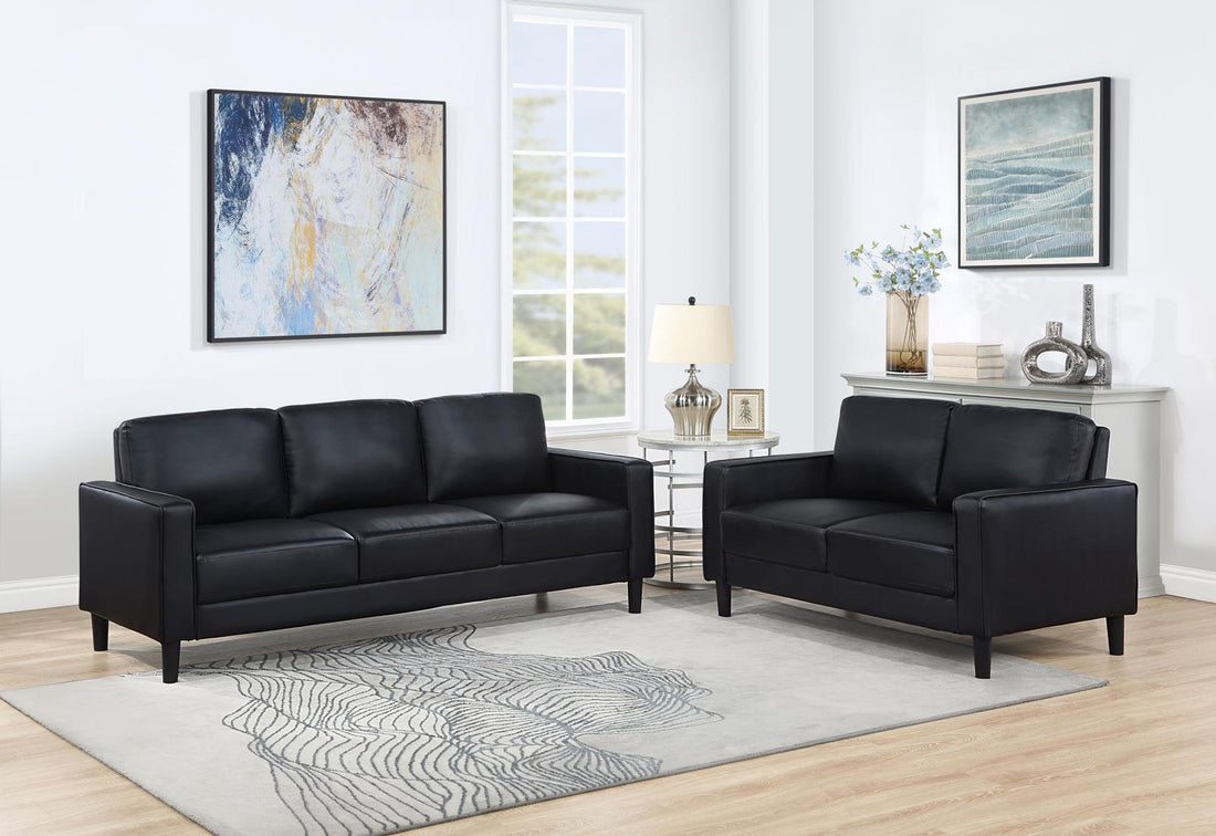 Ruth 2-piece Upholstered Track Arm Faux Leather Sofa Set Black - 508361-S2 - Bien Home Furniture & Electronics