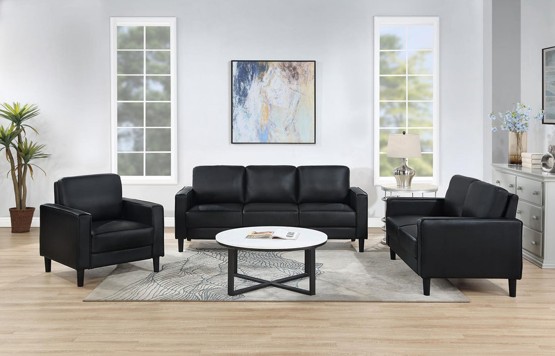 Ruth 3-piece Upholstered Track Arm Faux Leather Sofa Set Black - 508361-S3 - Bien Home Furniture & Electronics