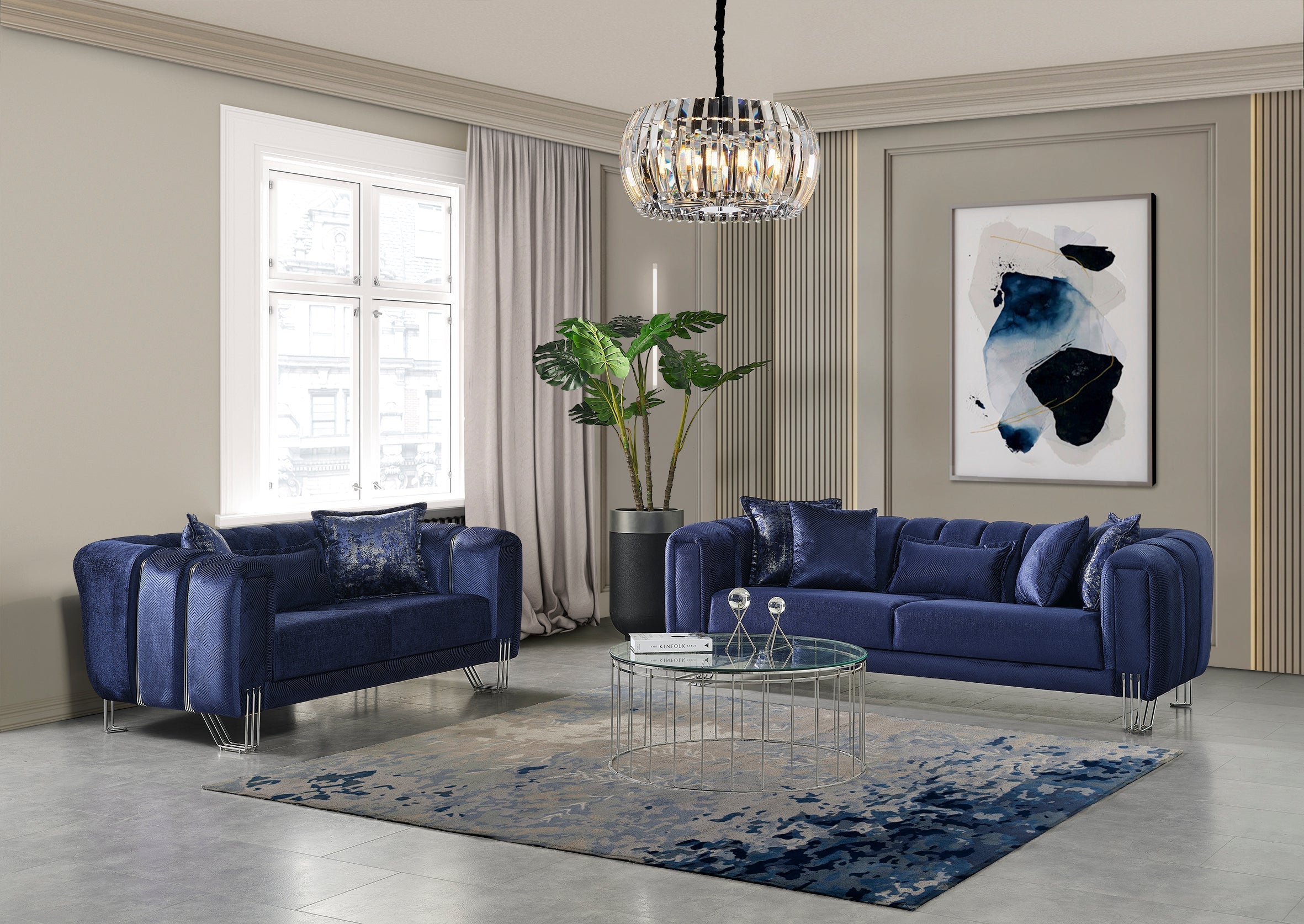 Santana Navy Velvet Living Room Set - SANTANANAVY-SL - Bien Home Furniture &amp; Electronics