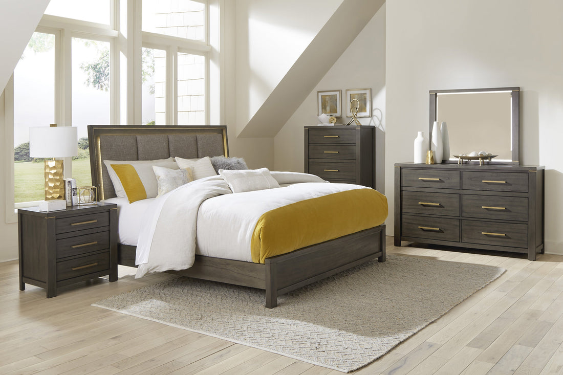 Scarlet Brownish Gray Queen LED Upholstered Panel Bed - SET | 1555-1 | 1555-2 | 1555-3 - Bien Home Furniture &amp; Electronics