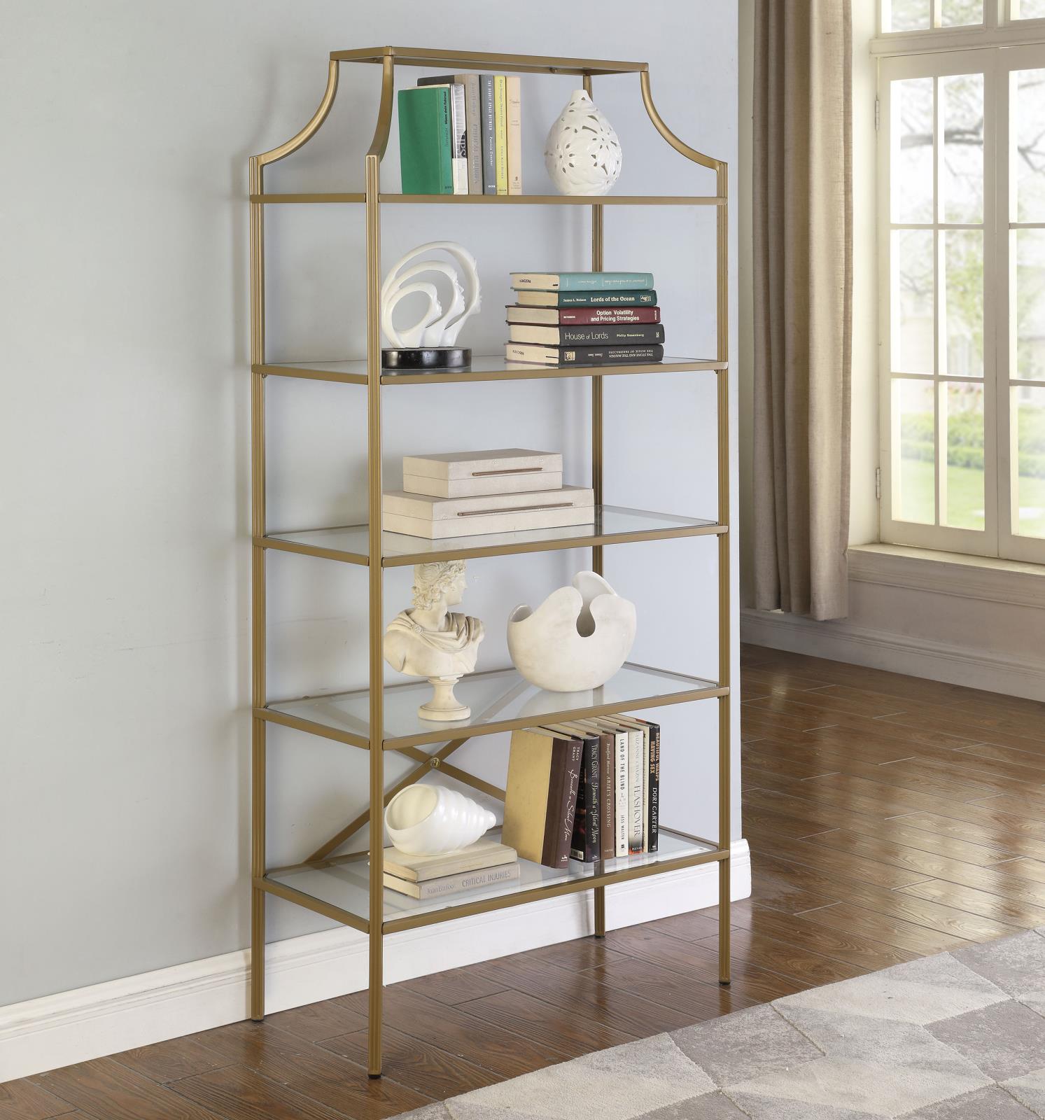 Serena Matte Gold 5-Tier Tempered Glass Shelves Bookcase - 804393 - Bien Home Furniture &amp; Electronics