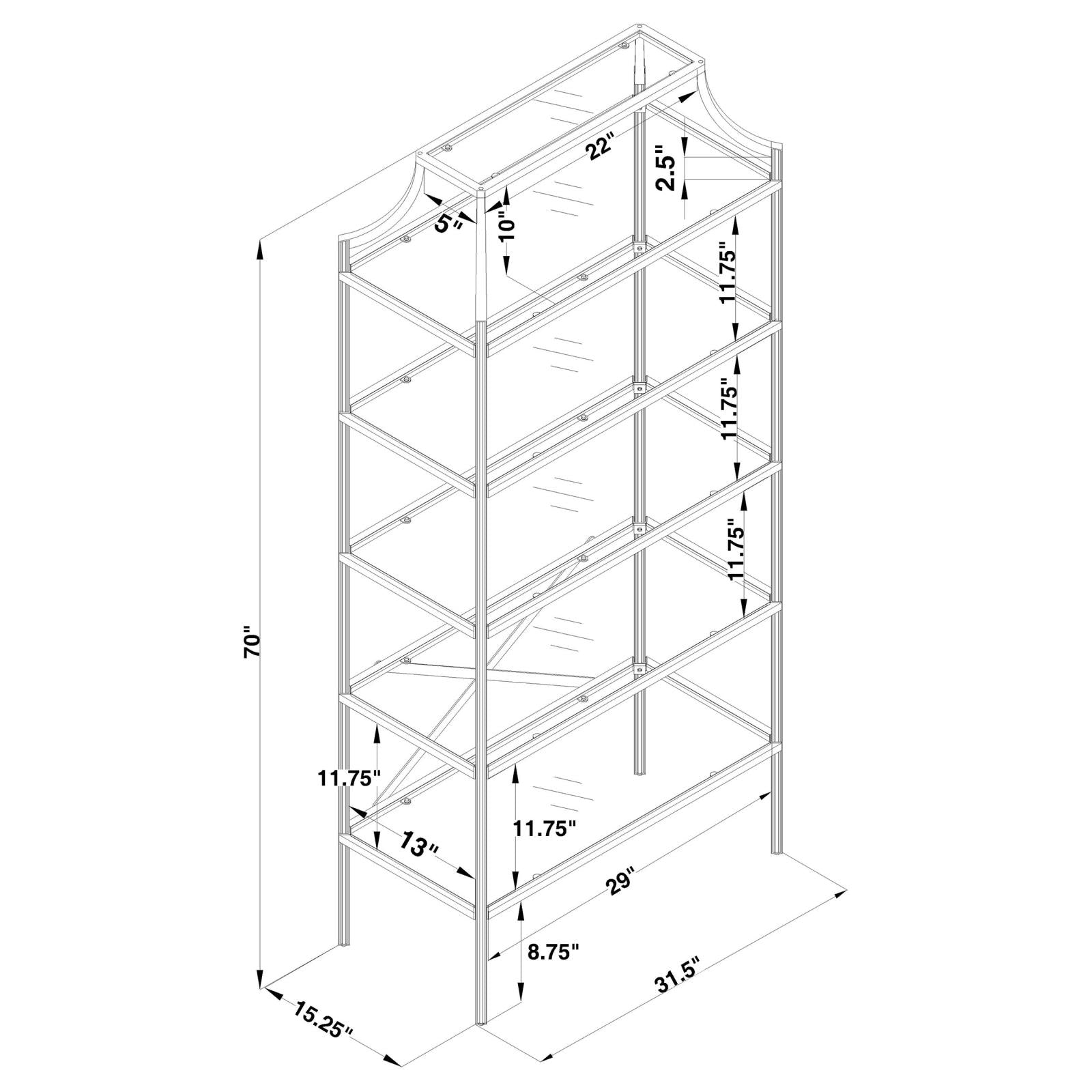 Serena Matte Gold 5-Tier Tempered Glass Shelves Bookcase - 804393 - Bien Home Furniture & Electronics