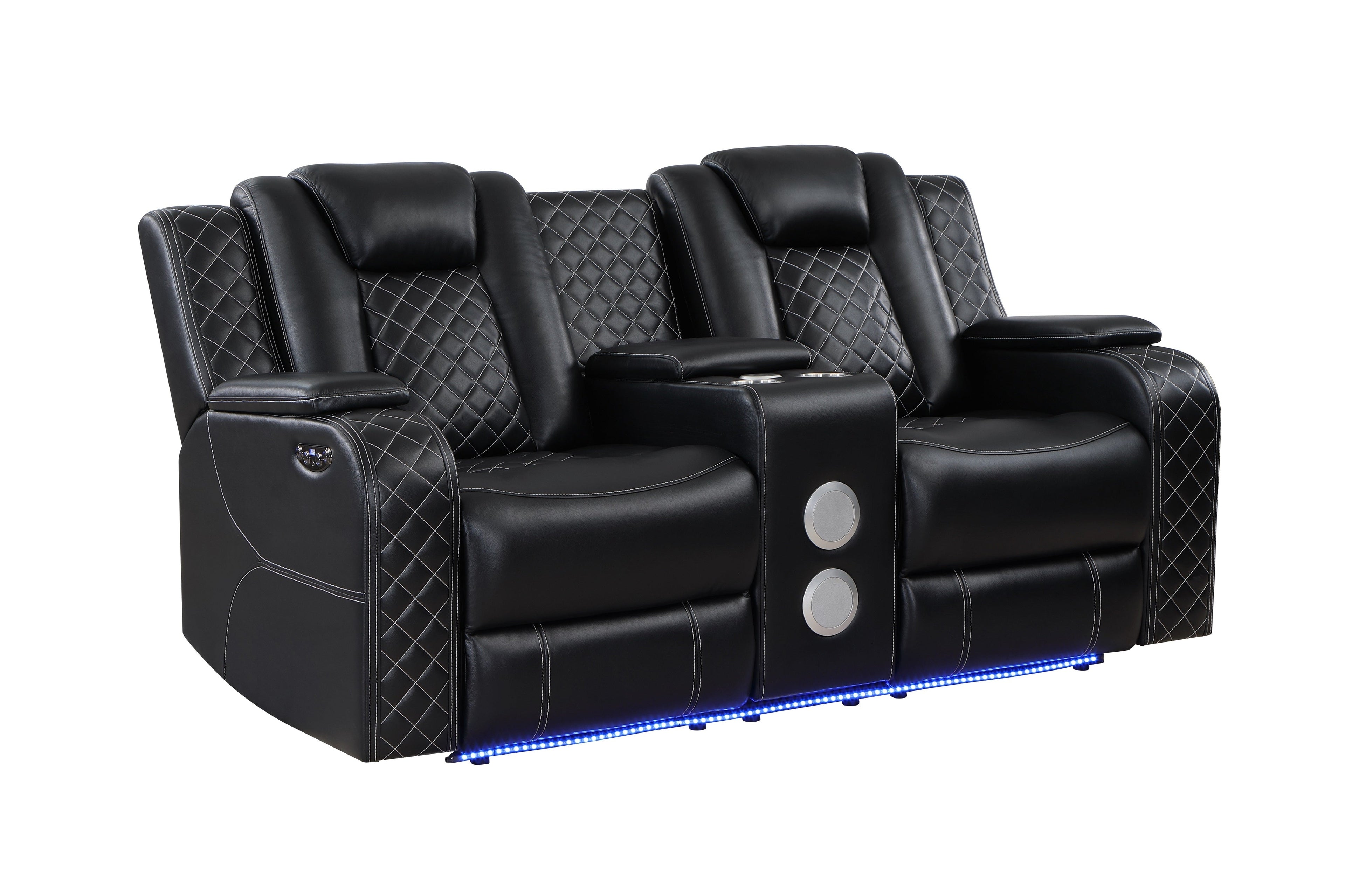 SH8895BLK-2 PW D. RECLN LOVESEAT W/ CONSOLE, PW HEADRESTS, LED LIGHT/SPEAKERS - SH8895BLK-2 - Bien Home Furniture & Electronics