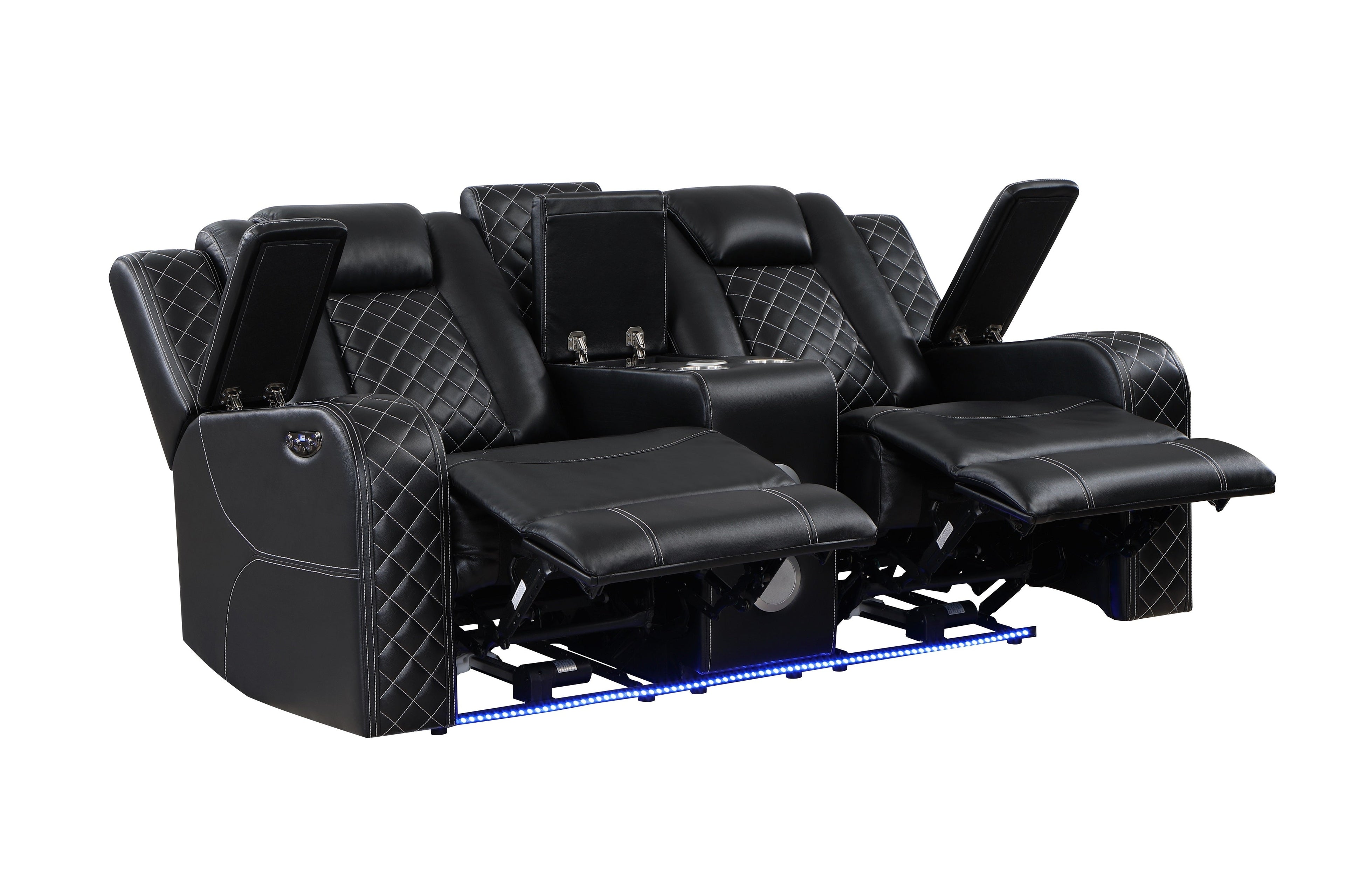 SH8895BLK-2 PW D. RECLN LOVESEAT W/ CONSOLE, PW HEADRESTS, LED LIGHT/SPEAKERS - SH8895BLK-2 - Bien Home Furniture & Electronics