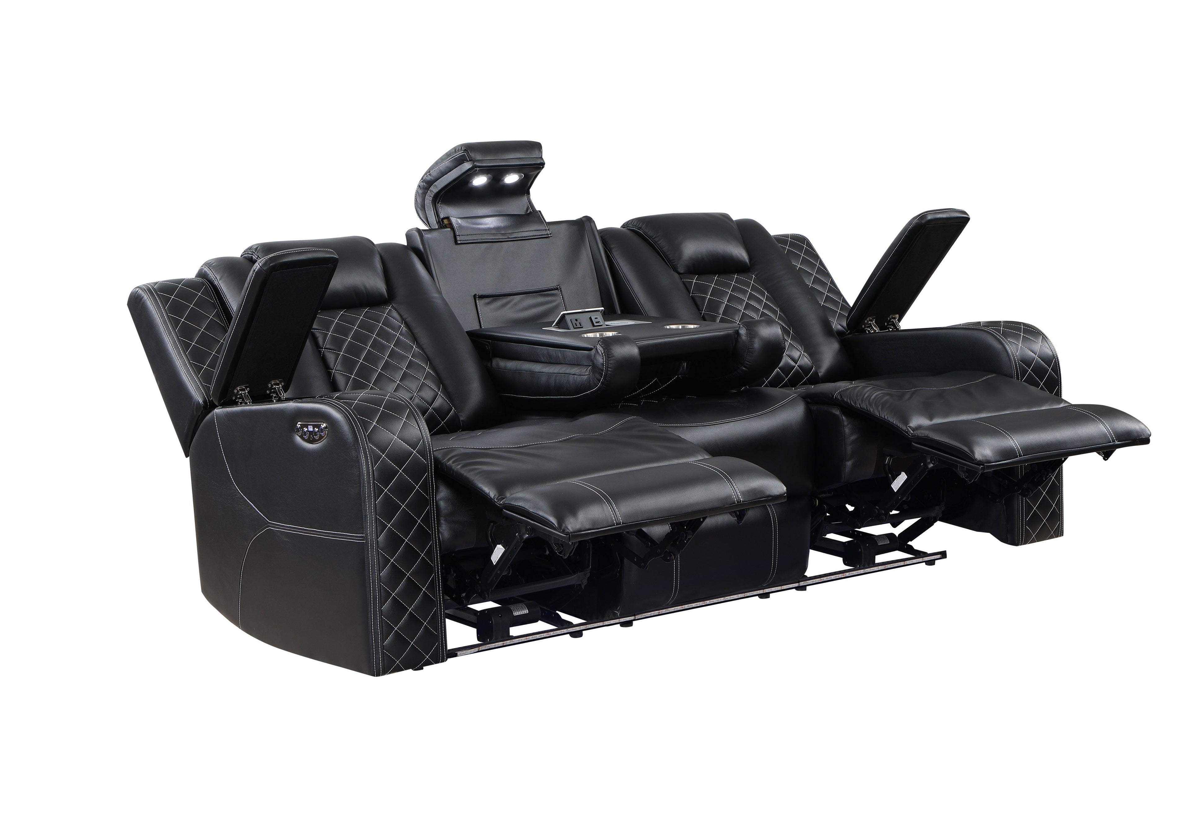 SH8895BLK-3 PW D. RECLN SOFA W/ CONSOLE, PW HEADRESTS, LED LIGHT/SPEAKERS - SH8895BLK-3 - Bien Home Furniture & Electronics