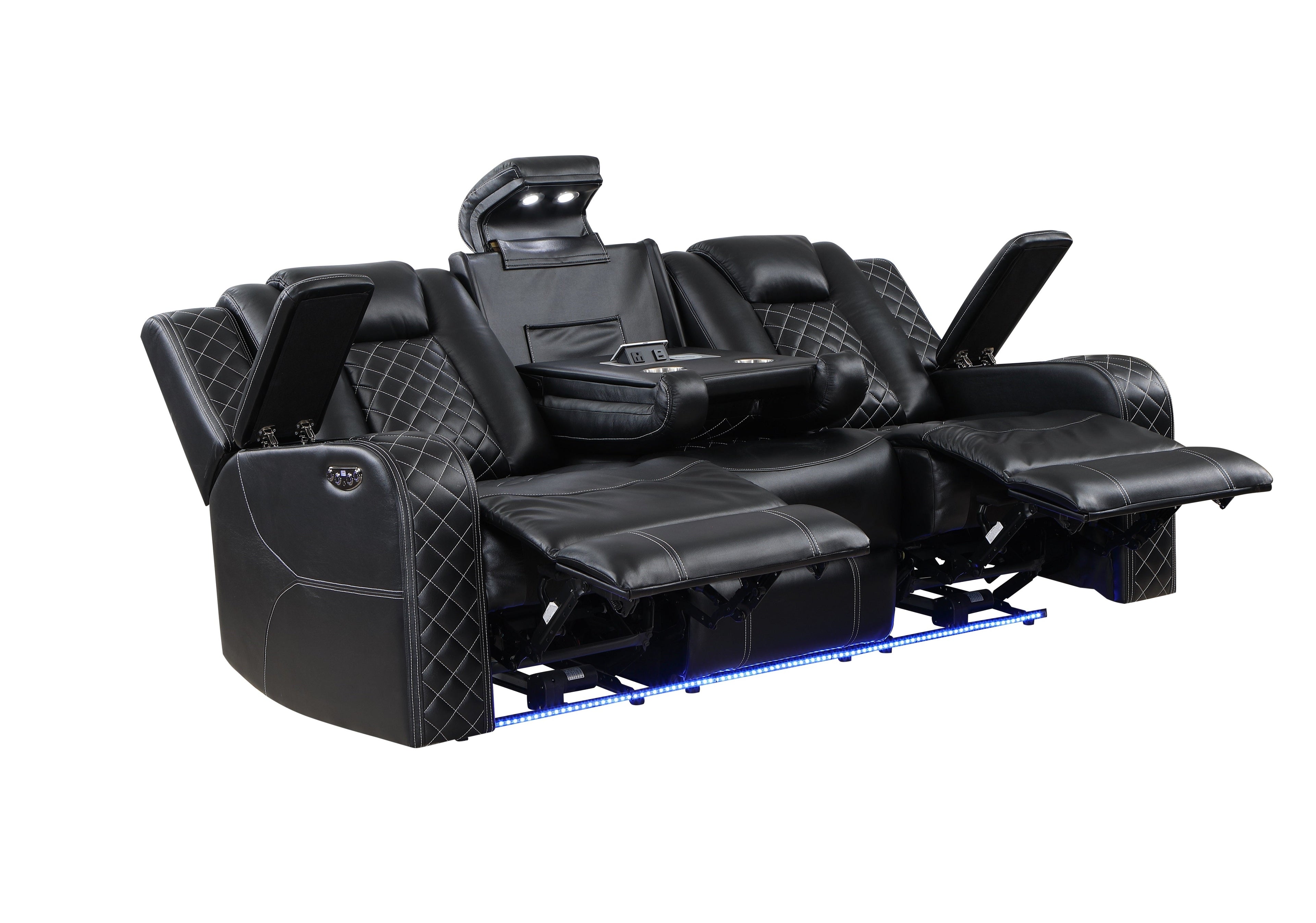 SH8895BLK-3 PW D. RECLN SOFA W/ CONSOLE, PW HEADRESTS, LED LIGHT/SPEAKERS - SH8895BLK-3 - Bien Home Furniture & Electronics