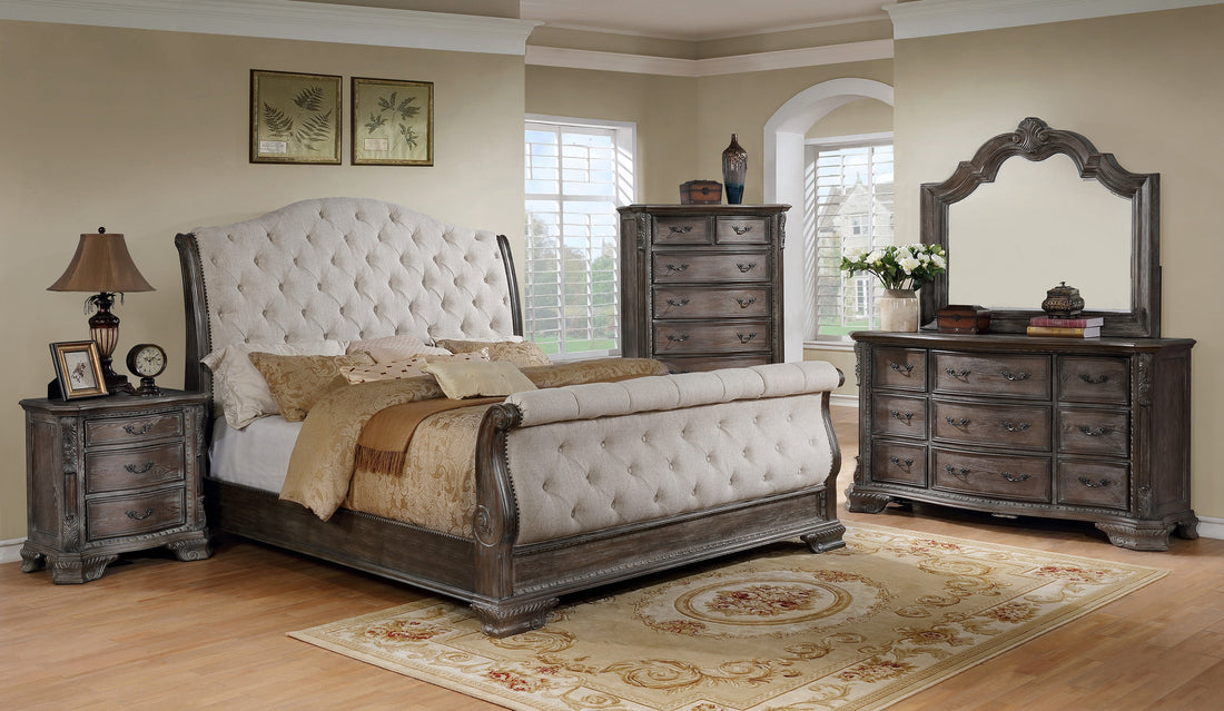 Sheffield Antique Gray Upholstered Sleigh Bedroom Set - SET | B1120-88-Q-HB | B1120-88-Q-FB | B1120-88-KQ-RL | B1120-1 | B1120-11 - Bien Home Furniture &amp; Electronics