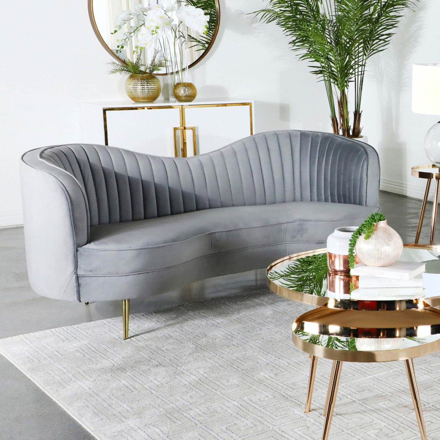 Sophia Upholstered Loveseat with Camel Back Gray/Gold - 506865 - Bien Home Furniture & Electronics