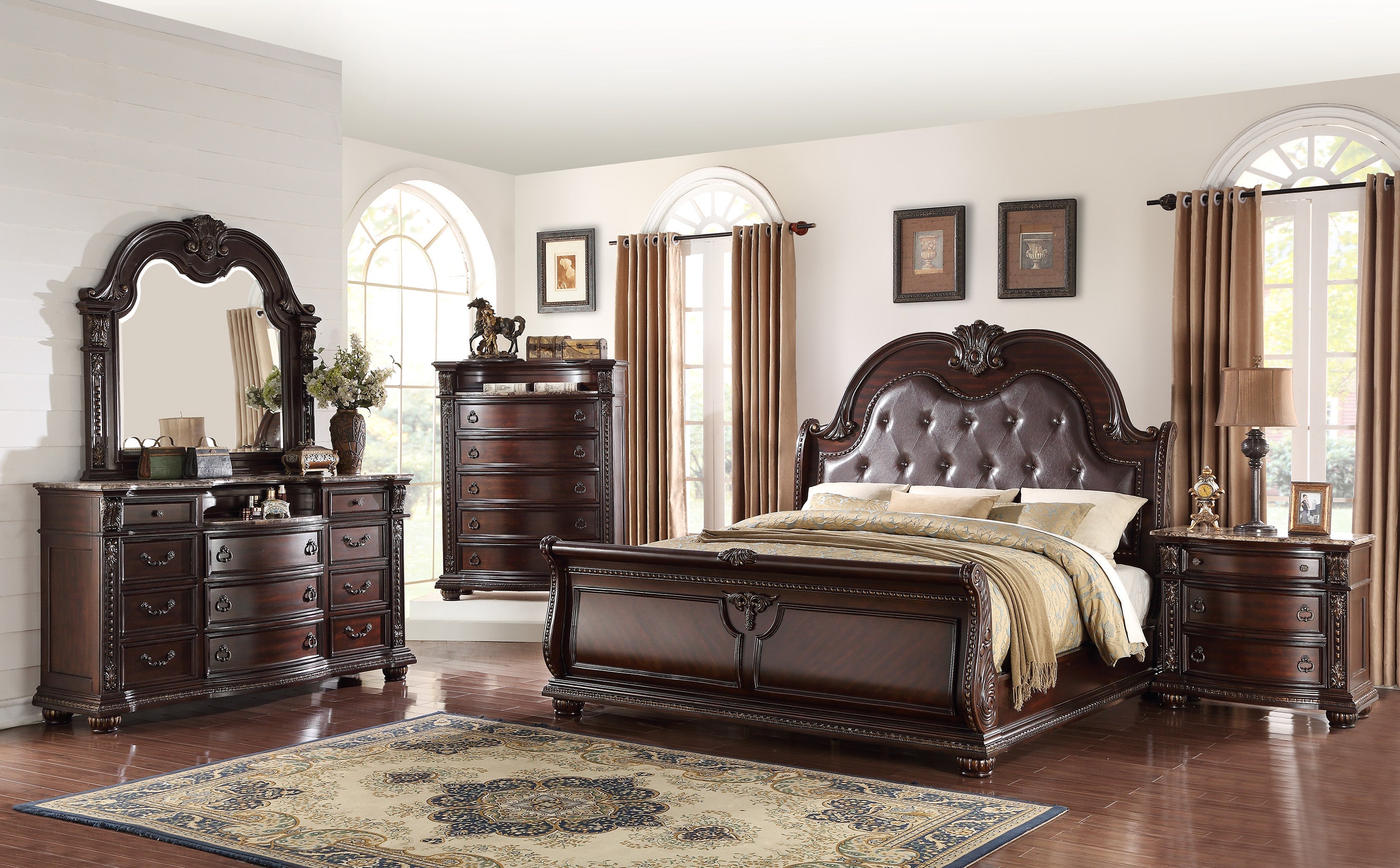 Stanley Cherry Brown Queen Upholstered Sleigh Bed - SET | B1600-Q-HB | B1600-Q-FB | B1600-KQ-HBLEG | B1600-KQ-RAIL - Bien Home Furniture & Electronics