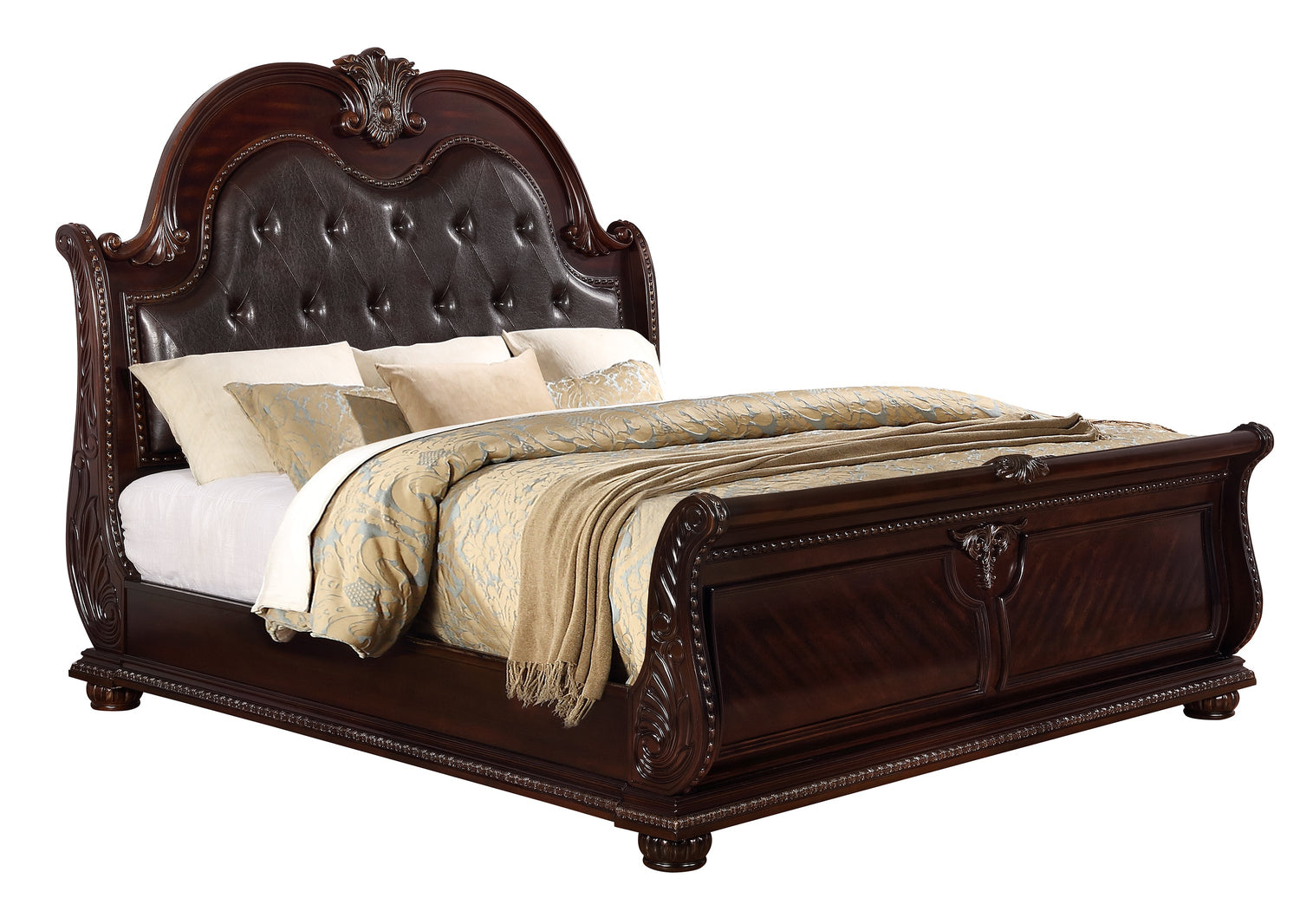 Stanley Cherry Brown Upholstered Sleigh Bedroom Set - SET | B1600-Q-HB | B1600-Q-FB | B1600-KQ-HBLEG | B1600-KQ-RAIL | B1600-1 | B1600-2 - Bien Home Furniture &amp; Electronics