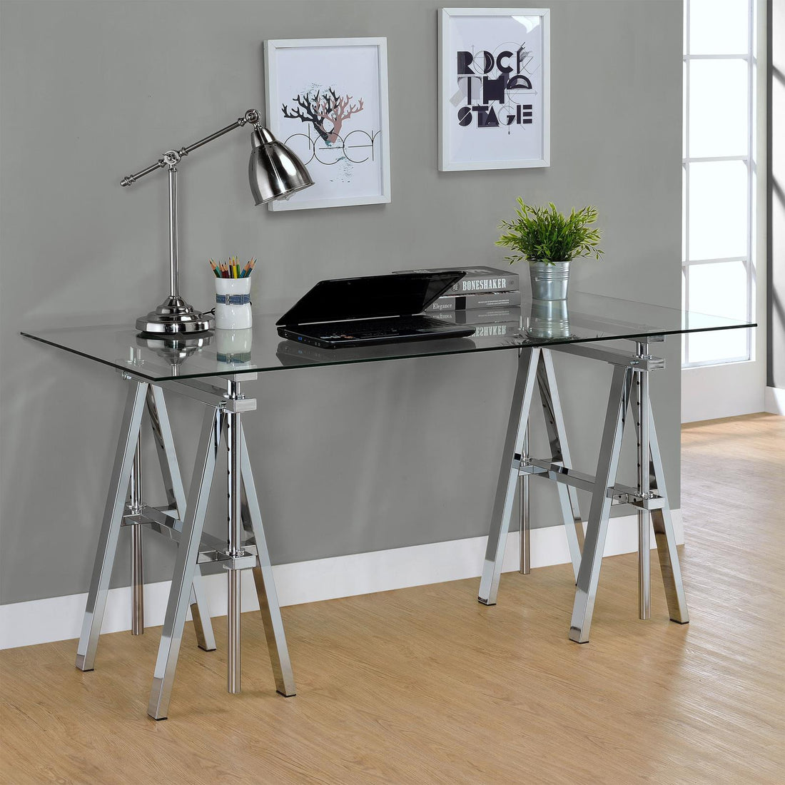 Statham Clear/Chrome Glass Top Adjustable Writing Desk - 800900 - Bien Home Furniture &amp; Electronics