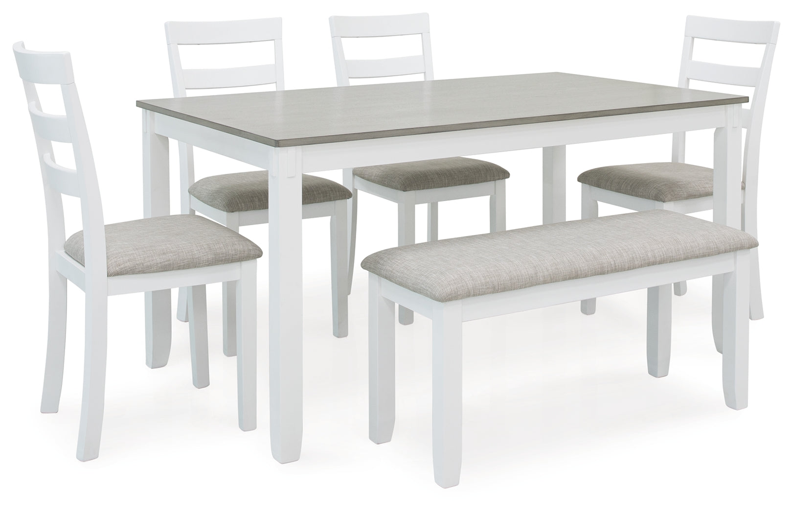 STONEHOLLOW White/Gray Dining Table and Chairs with Bench (Set of 6) - D382-325 - Bien Home Furniture &amp; Electronics