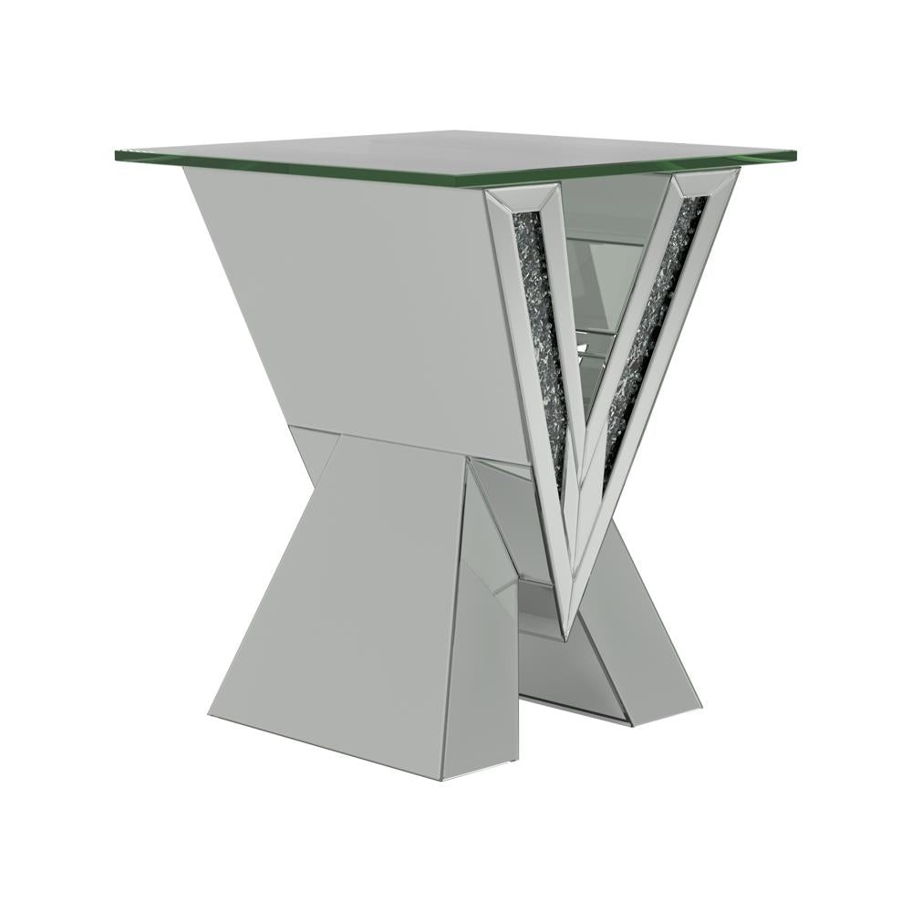 Taffeta V-Shaped End Table with Glass Top Silver - 723447 - Bien Home Furniture &amp; Electronics