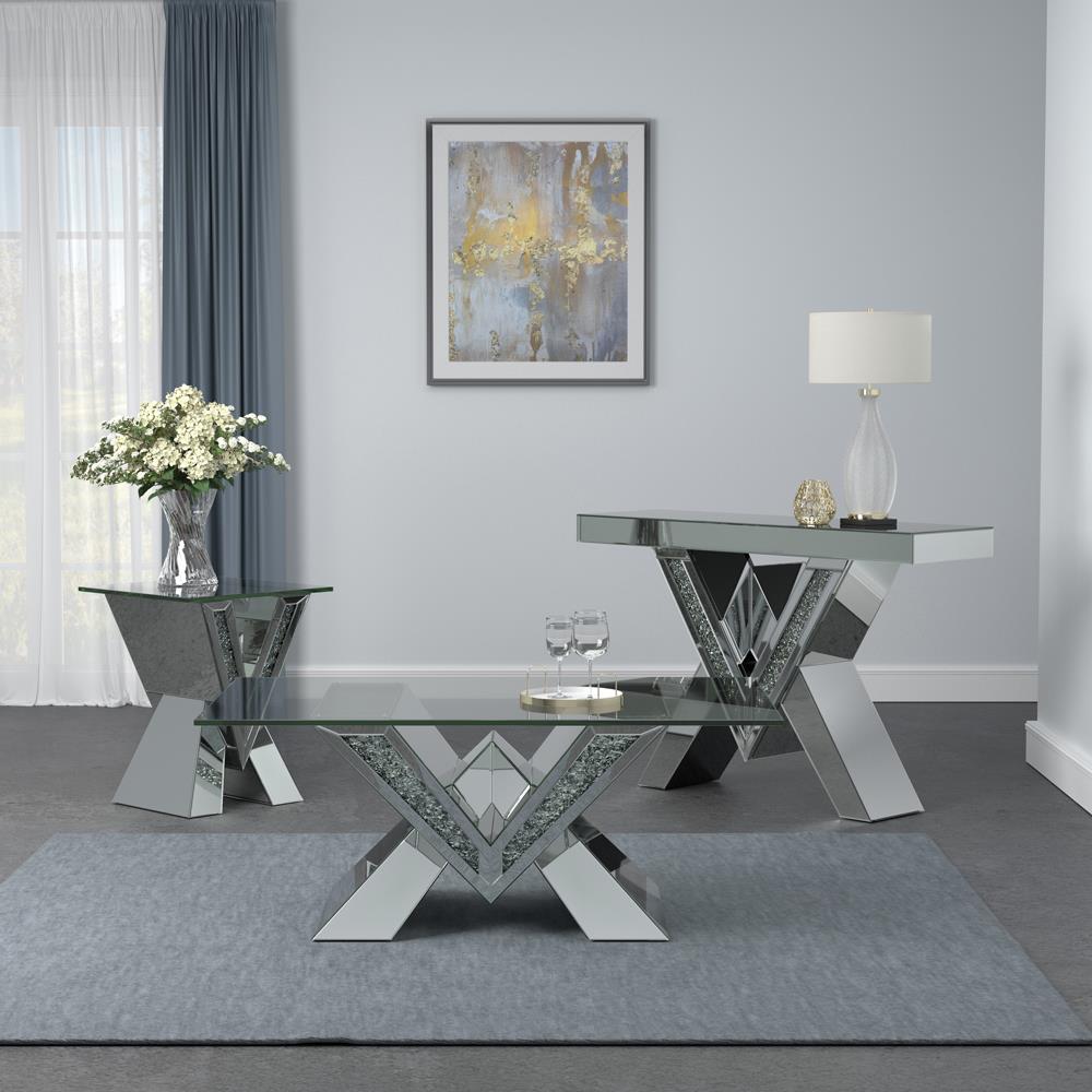 Taffeta V-Shaped Sofa Table with Glass Top Silver - 723449 - Bien Home Furniture &amp; Electronics