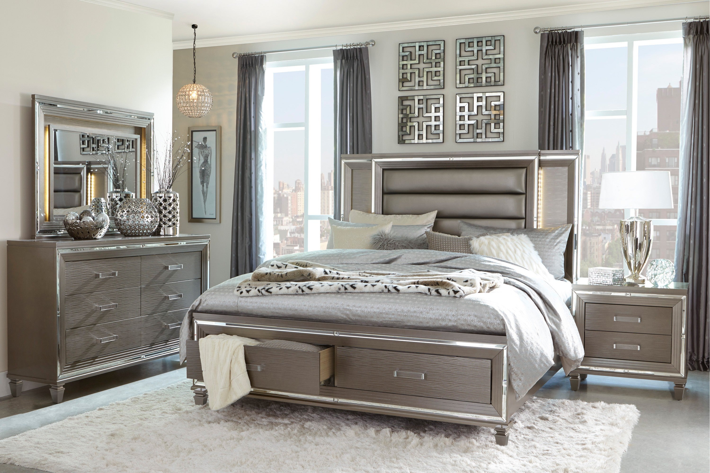 Tamsin Silver/Gray Metallic King LED Upholstered Storage Platform Bed - SET | 1616K-1 | 1616K-2 | 1616-3 - Bien Home Furniture & Electronics