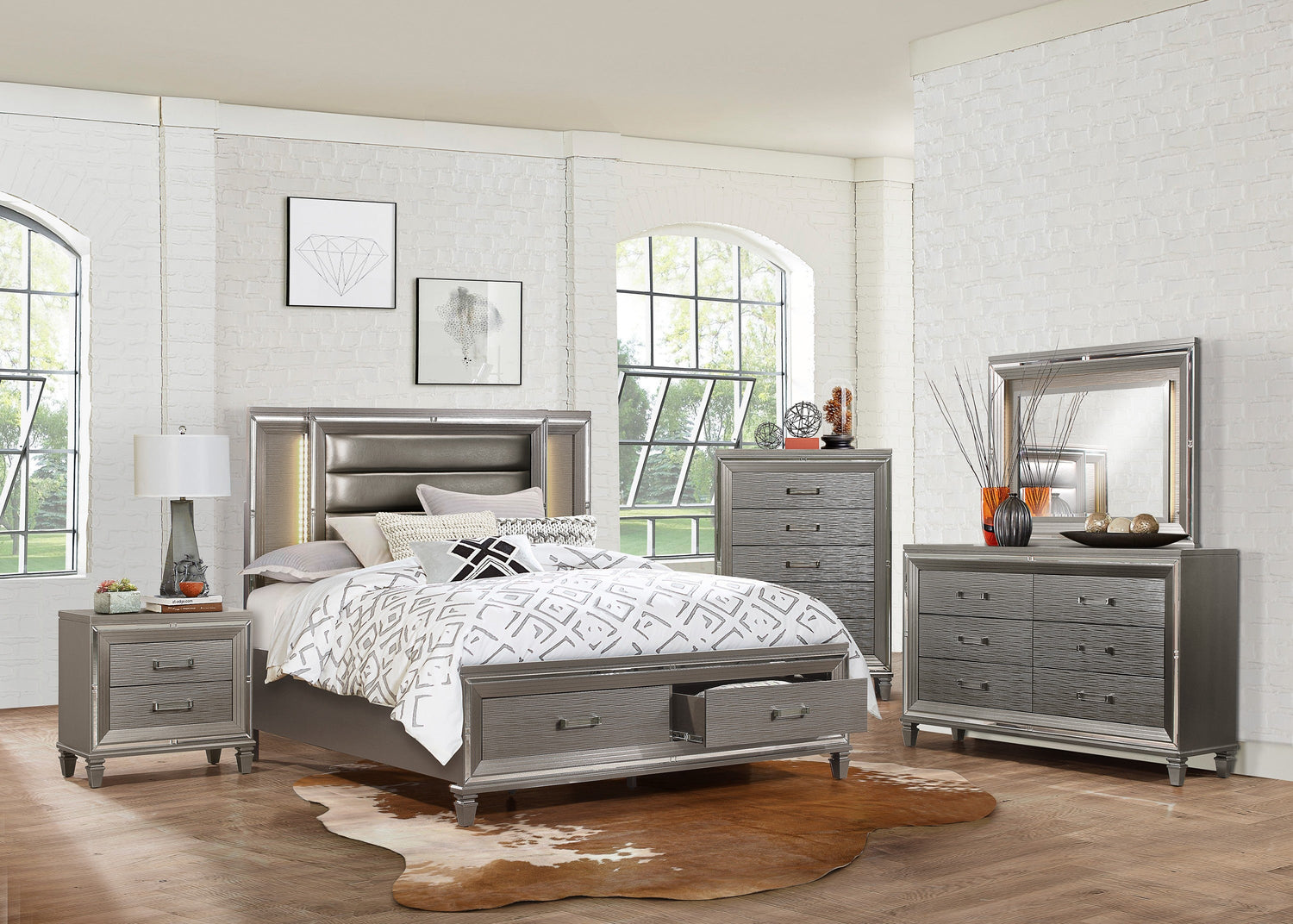 Tamsin Silver/Gray Metallic LED Upholstered Storage Platform Bedroom Set - SET | 1616K-1 | 1616K-2 | 1616-3 | 1616-5 | 1616-6 | 1616-4 | 1616-9 - Bien Home Furniture & Electronics