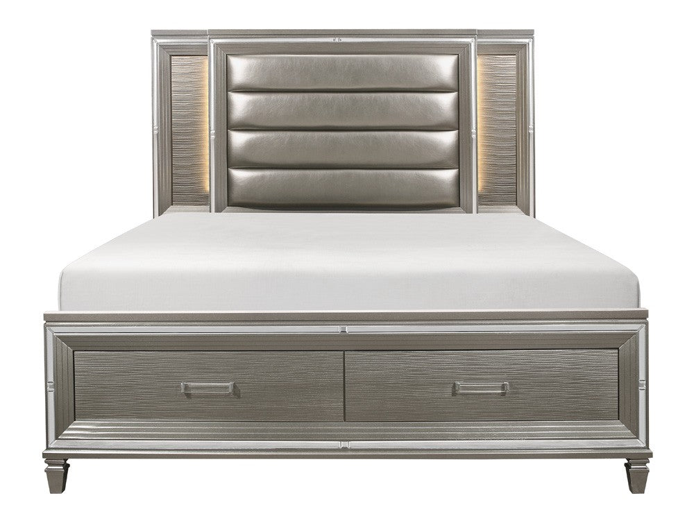 Tamsin Silver/Gray Metallic Queen LED Upholstered Storage Platform Bed - SET | 1616-1 | 1616-2 | 1616-3 - Bien Home Furniture & Electronics