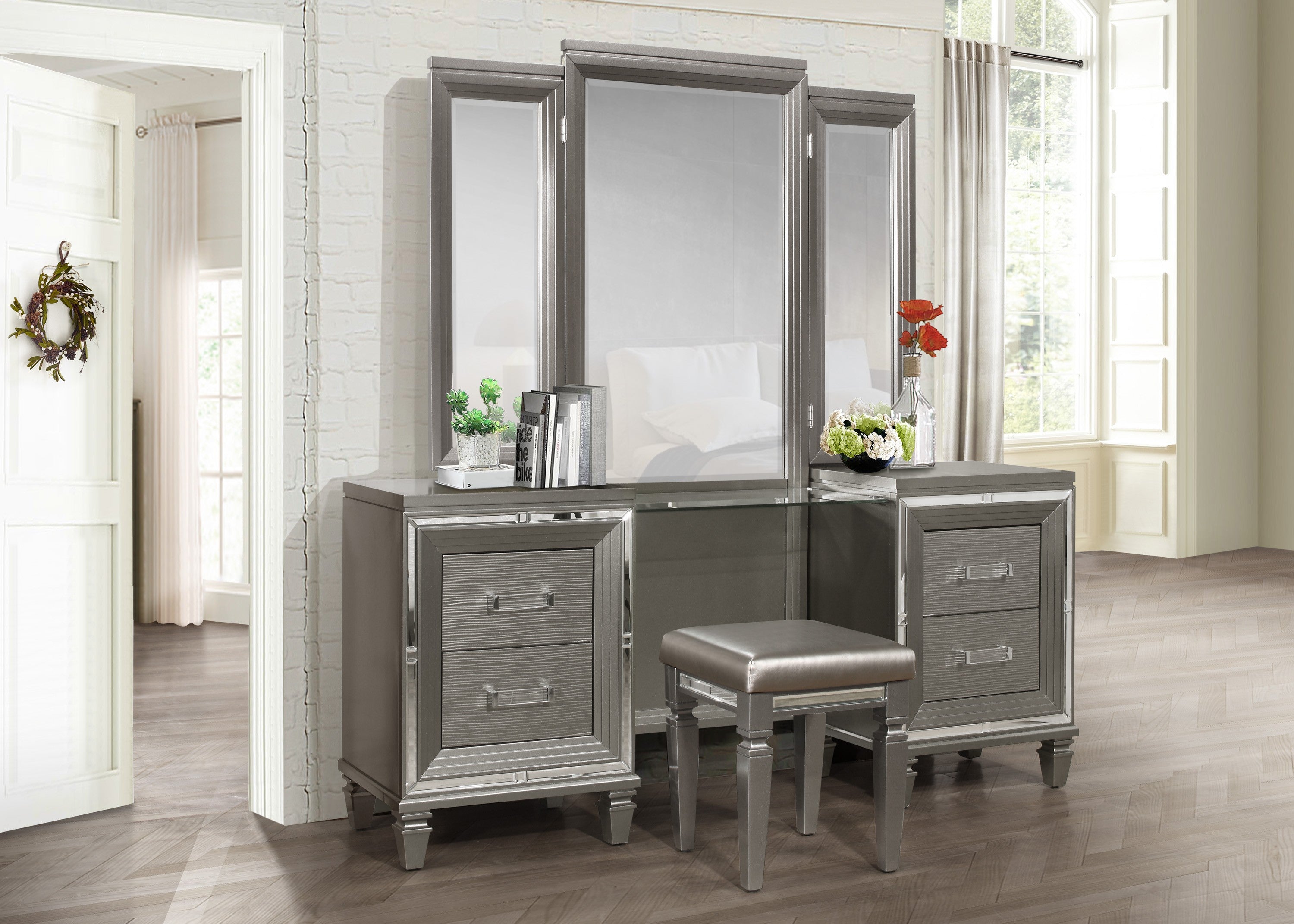 Tamsin Silver/Gray Metallic Vanity Set - SET | 1616-15L | 1616-15R | 1616-15M - Bien Home Furniture &amp; Electronics