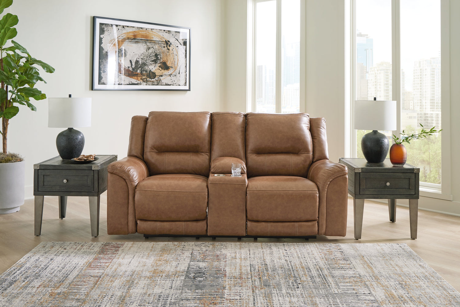 Trasimeno Caramel Power Reclining Loveseat with Console - U8281518 - Bien Home Furniture & Electronics