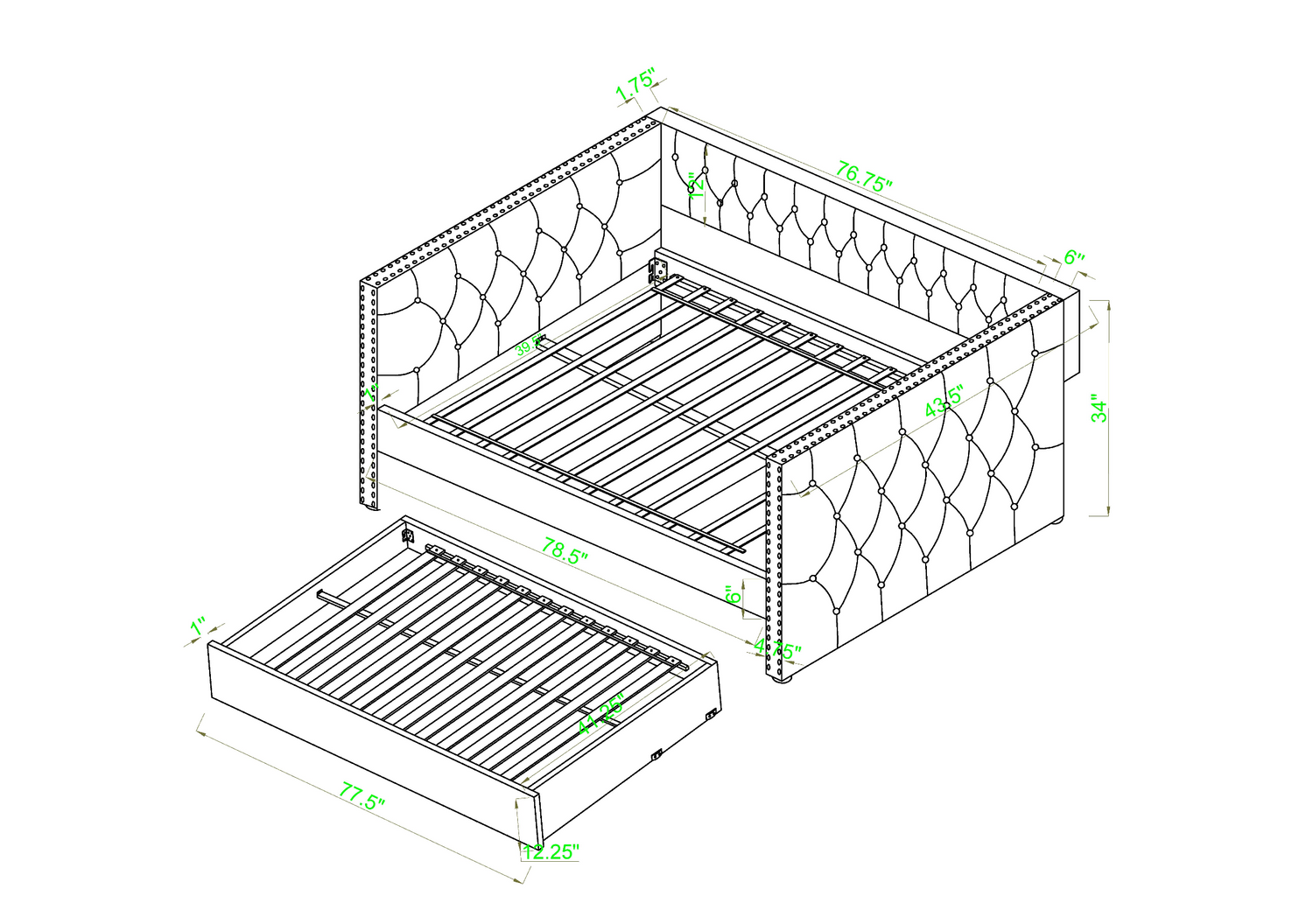 Trina Black Velvet Twin Daybed - SET | 5335BK-ARM | 5335BK-BACK - Bien Home Furniture & Electronics