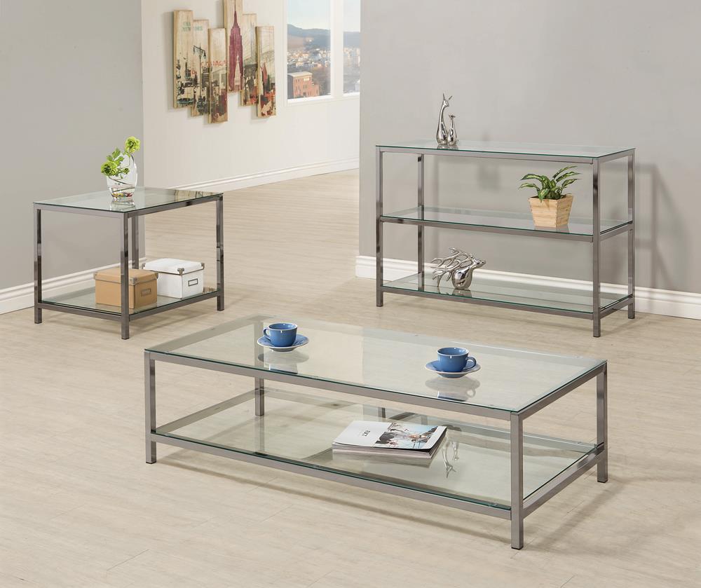 Trini Black Nickel Coffee Table with Glass Shelf - 720228 - Bien Home Furniture &amp; Electronics