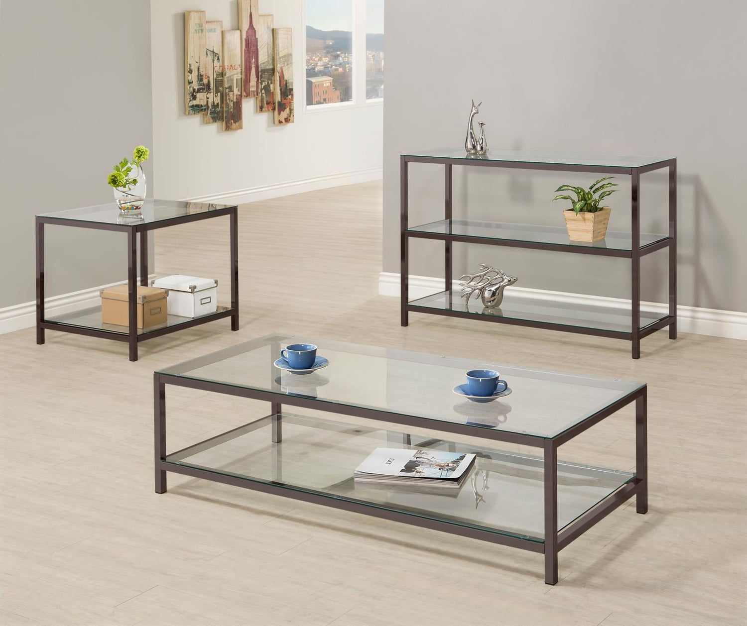 Trini Black Nickel Coffee Table with Glass Shelf - 720228 - Bien Home Furniture & Electronics