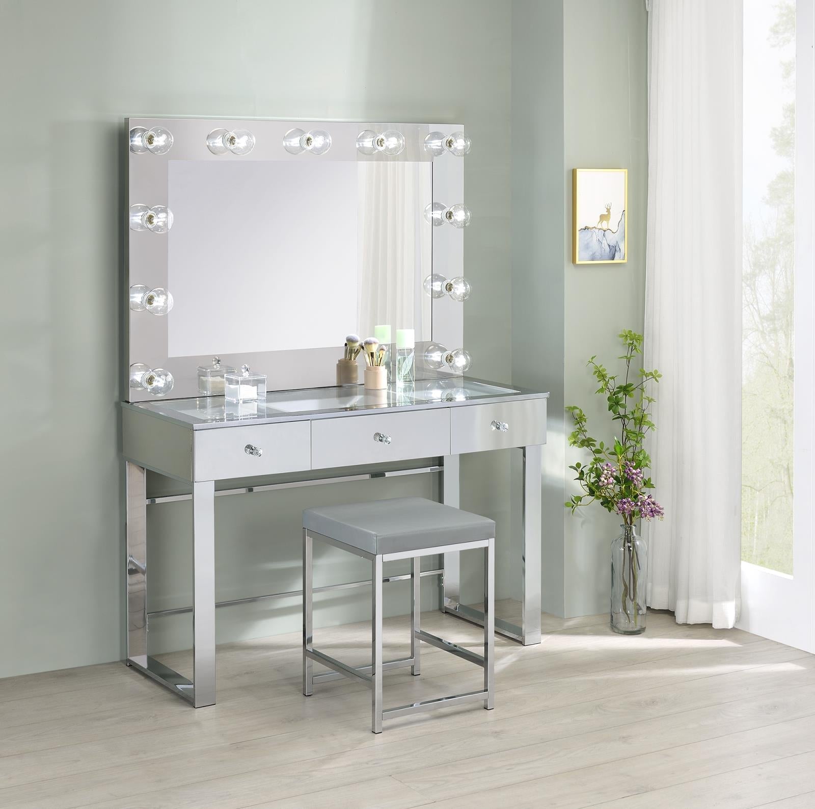 Umbridge 3-Drawer Vanity with Lighting Chrome/White - 935934 - Bien Home Furniture &amp; Electronics