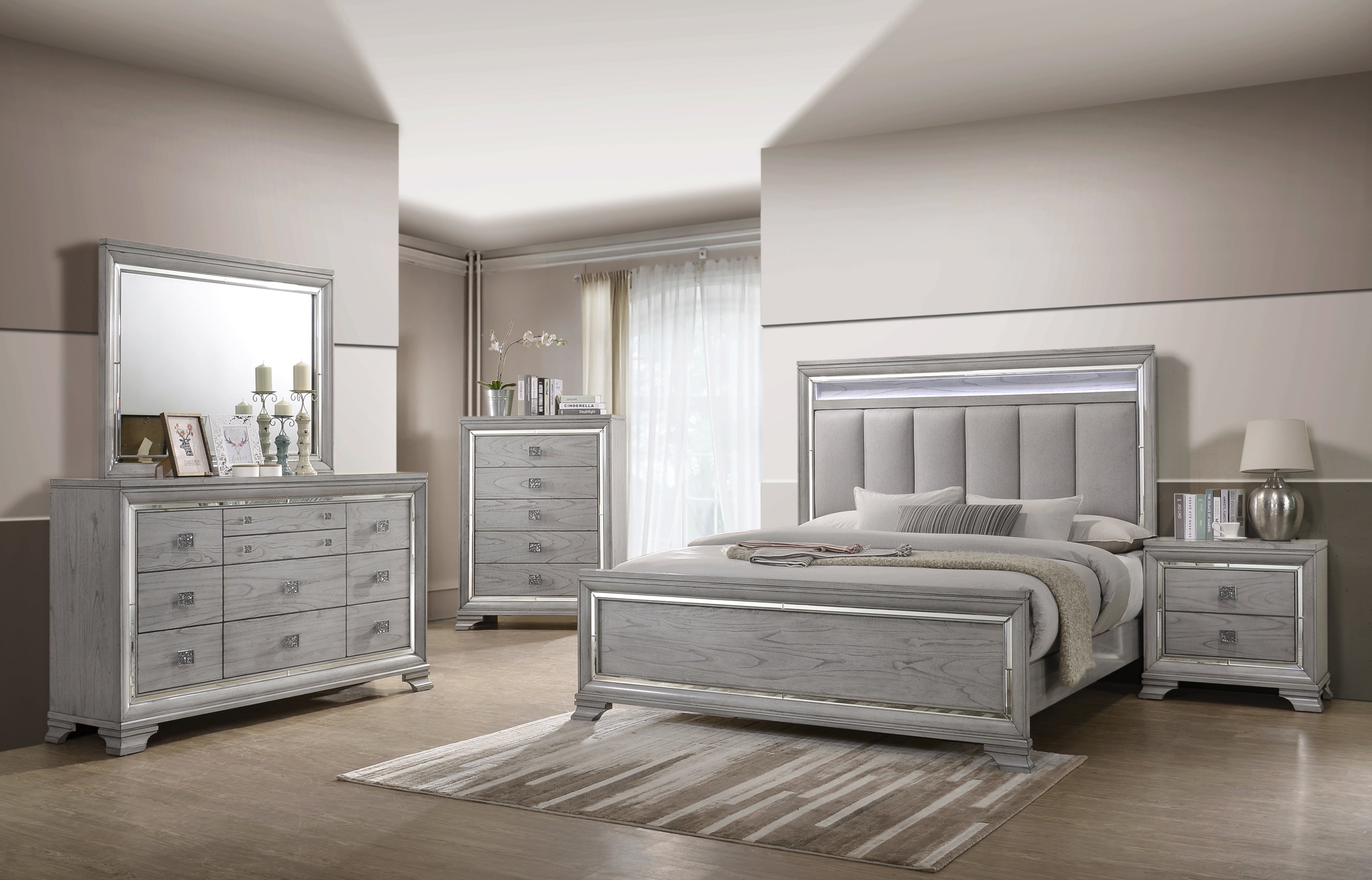 Vail Gray LED Upholstered Panel Bedroom Set - SET | B7200-K-HB | B7200-K-FB | B7200-KQ-RAIL | B7200-1 | B7200-11 | B7200-2 | B7200-4 - Bien Home Furniture & Electronics