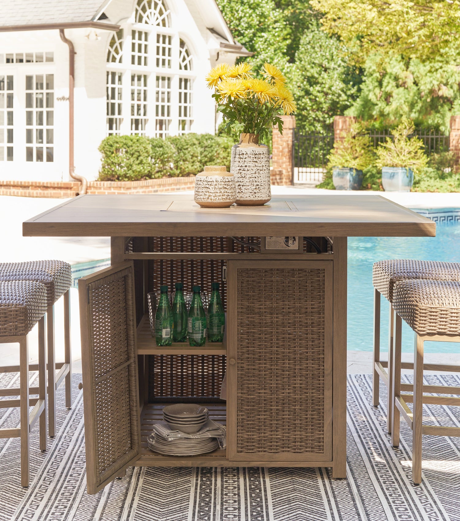 Walton Bridge Driftwood Outdoor Bar Table with Fire Pit - P749-665 - Bien Home Furniture & Electronics
