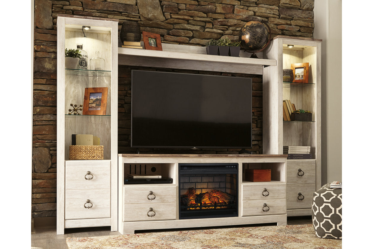 Willowton Whitewash 4-Piece Entertainment Center with Electric Fireplace - SET | W100-101 | W267-24(2) | W267-27 | W267-68 - Bien Home Furniture & Electronics