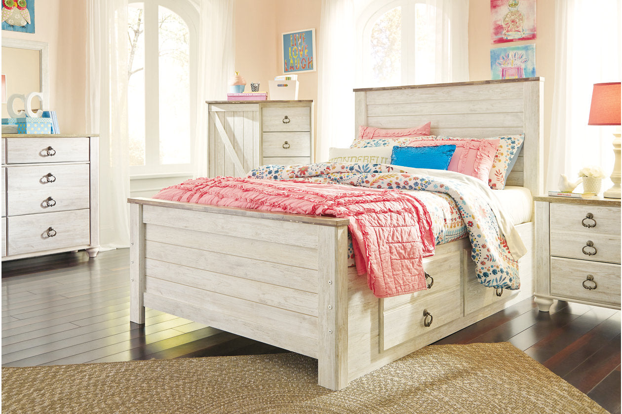 Willowton Whitewash Full Panel Bed with 2 Storage Drawers - SET | B100-12 | B267-50 | B267-84 | B267-87 - Bien Home Furniture & Electronics