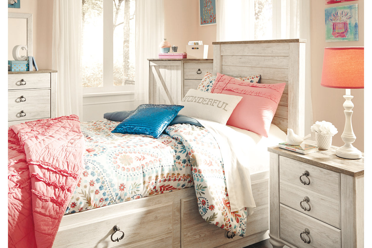 Willowton Whitewash Twin Panel Bed with 2 Storage Drawers - SET | B100-11 | B267-50 | B267-52 | B267-53 - Bien Home Furniture & Electronics