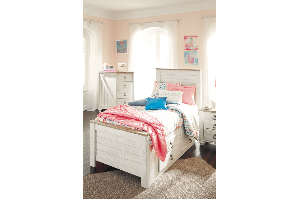 Willowton Whitewash Twin Panel Bed with 2 Storage Drawers - SET | B100-11 | B267-50 | B267-52 | B267-53 - Bien Home Furniture & Electronics