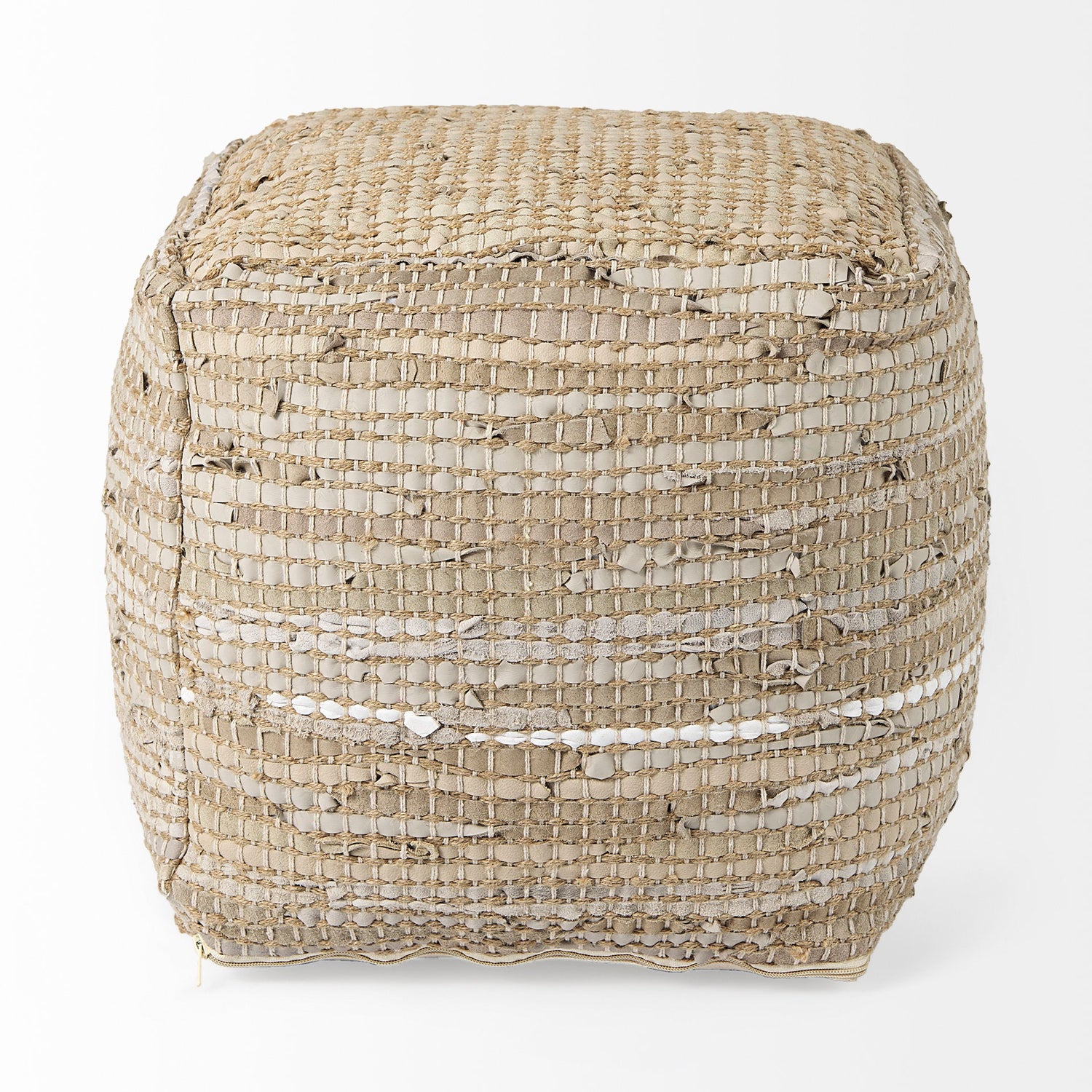 Aalia 16.0L x 16.0W x 16.0H Beige Leather and Jute Pouf