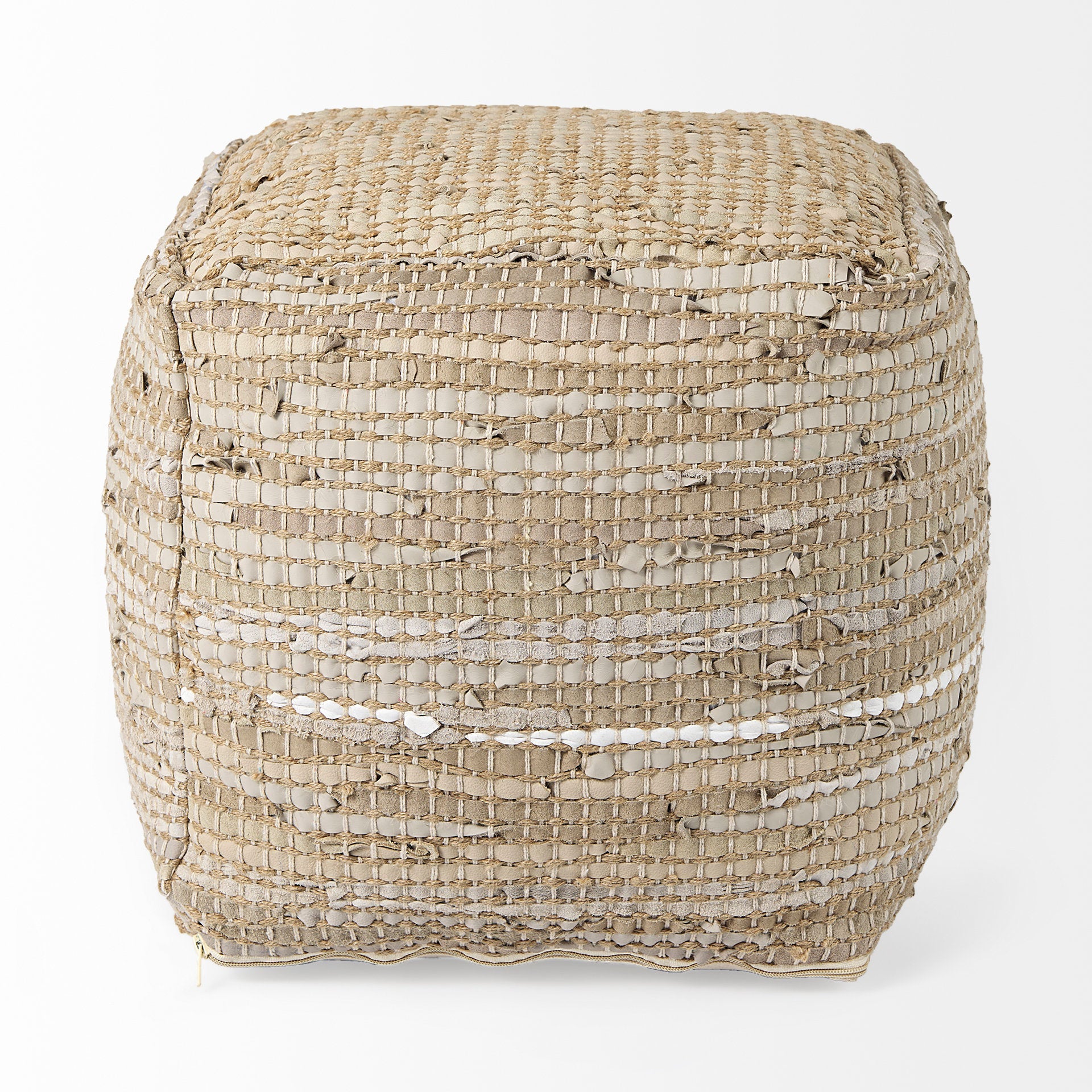 Aalia 16.0L x 16.0W x 16.0H Beige Leather and Jute Pouf