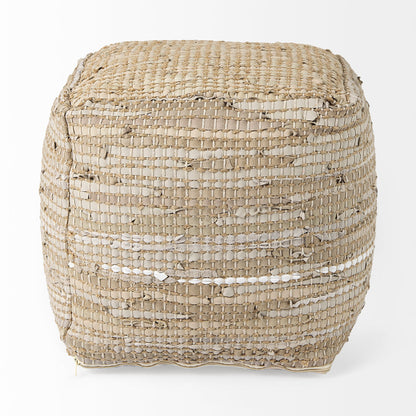 Aalia 16.0L x 16.0W x 16.0H Beige Leather and Jute Pouf