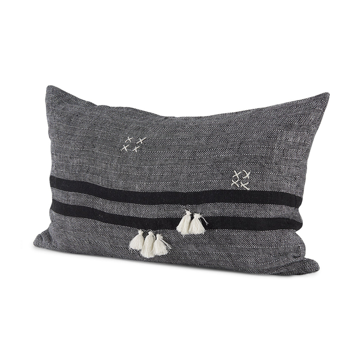 Sibyl 13x21 Black Fabric Striped and White Fringed Pillow Cover w/Non-Allergen Filler, Set of 2