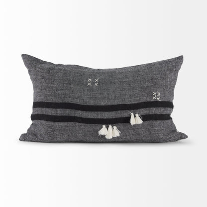 Sibyl 13x21 Black Fabric Striped and White Fringed Pillow Cover w/Non-Allergen Filler, Set of 2
