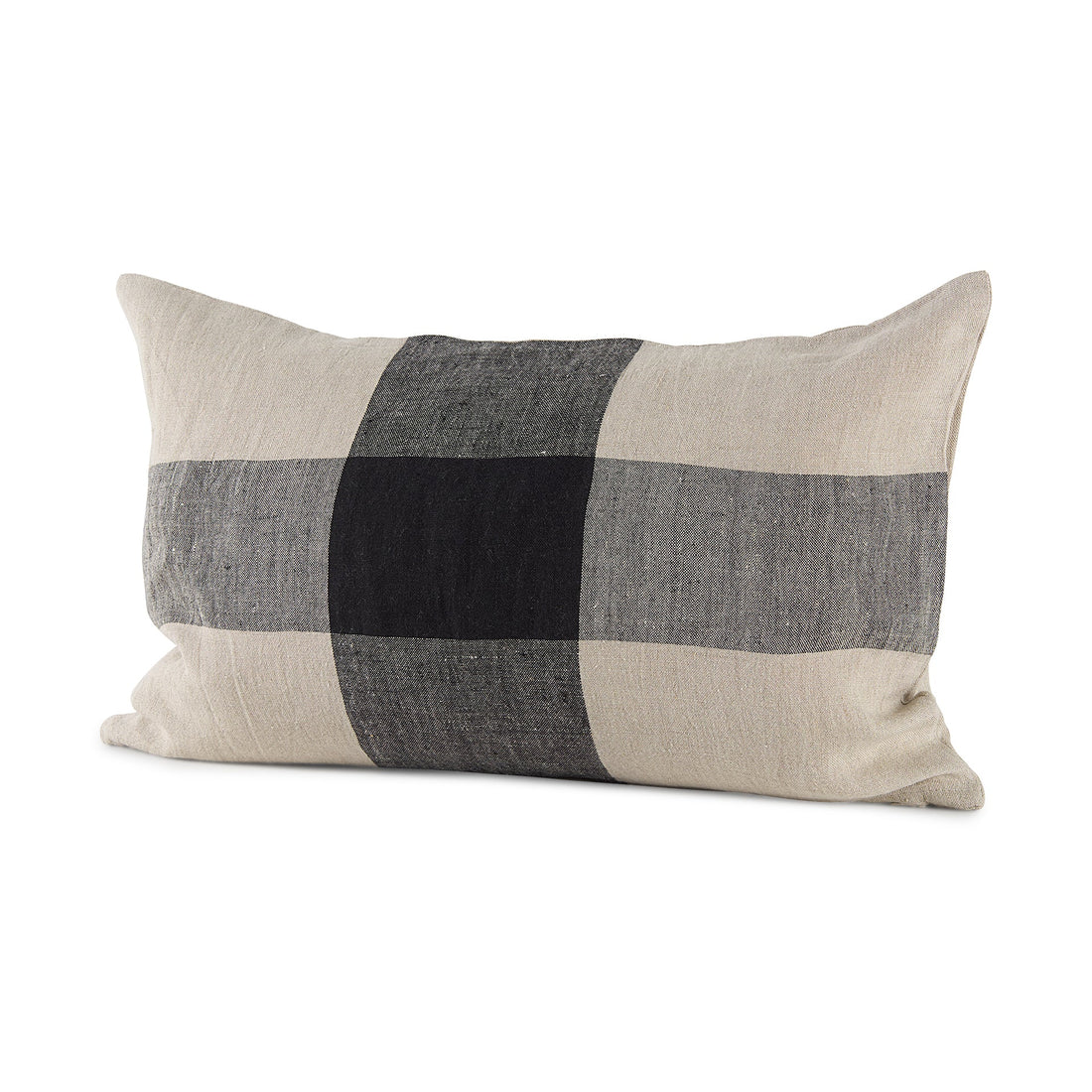 Raquel 13x21 Beige and Black Fabric Plaid Pillow Cover w/Non-Allergen Filler, Set of 2