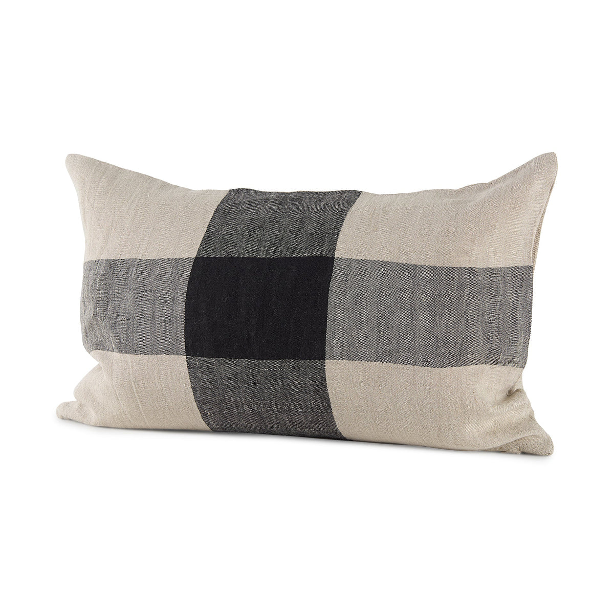 Raquel 13x21 Beige and Black Fabric Plaid Pillow Cover w/Non-Allergen Filler, Set of 2