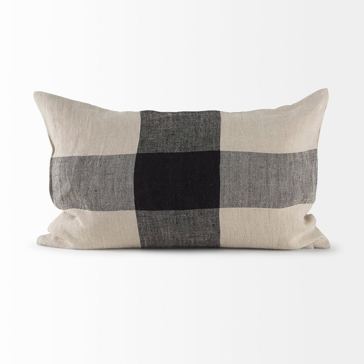 Raquel 13x21 Beige and Black Fabric Plaid Pillow Cover w/Non-Allergen Filler, Set of 2