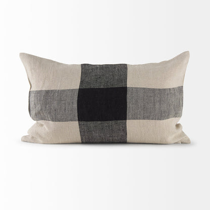 Raquel 13x21 Beige and Black Fabric Plaid Pillow Cover w/Non-Allergen Filler, Set of 2