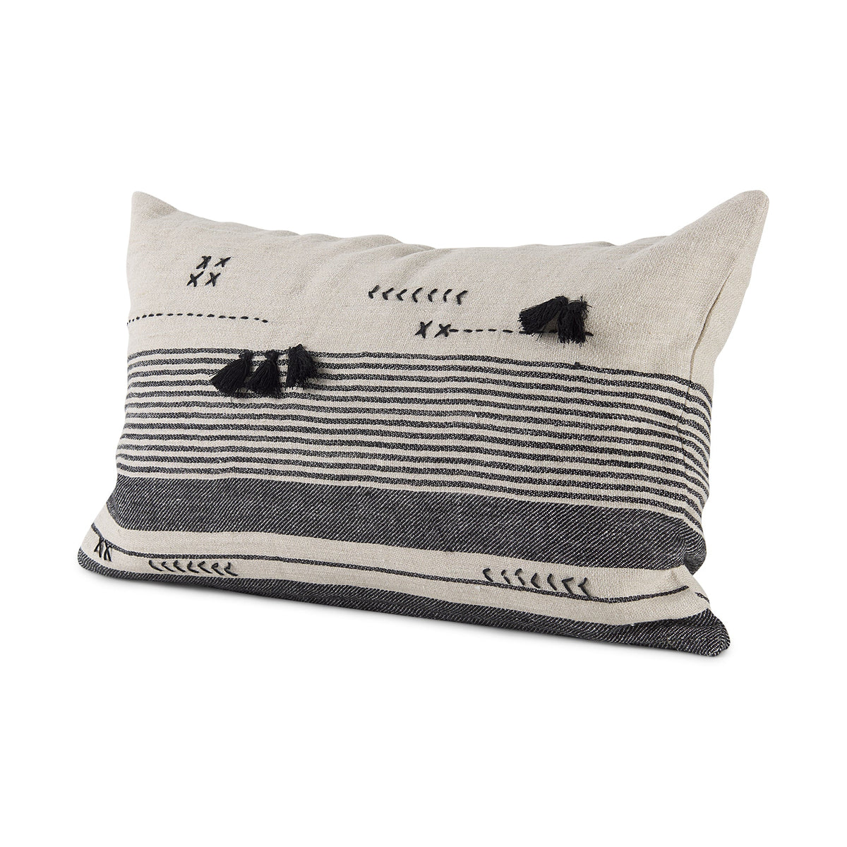 Thalia 13x21 Black and Beige Fabric Striped w/Fringe Pillow Cover w/Non-Allergen Filler, Set of 2